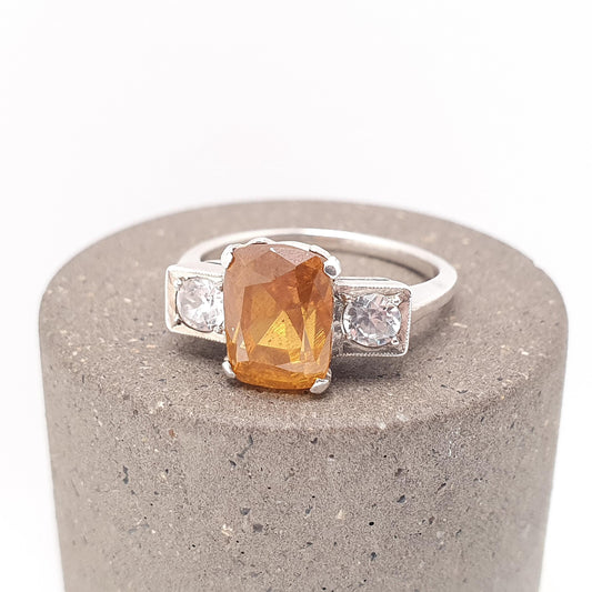 Antique Spessartite Garnet Solid Silver Ring White Spinel Orange Art Deco 1920s Natural Gemstone Womens Jewelry Jewellery