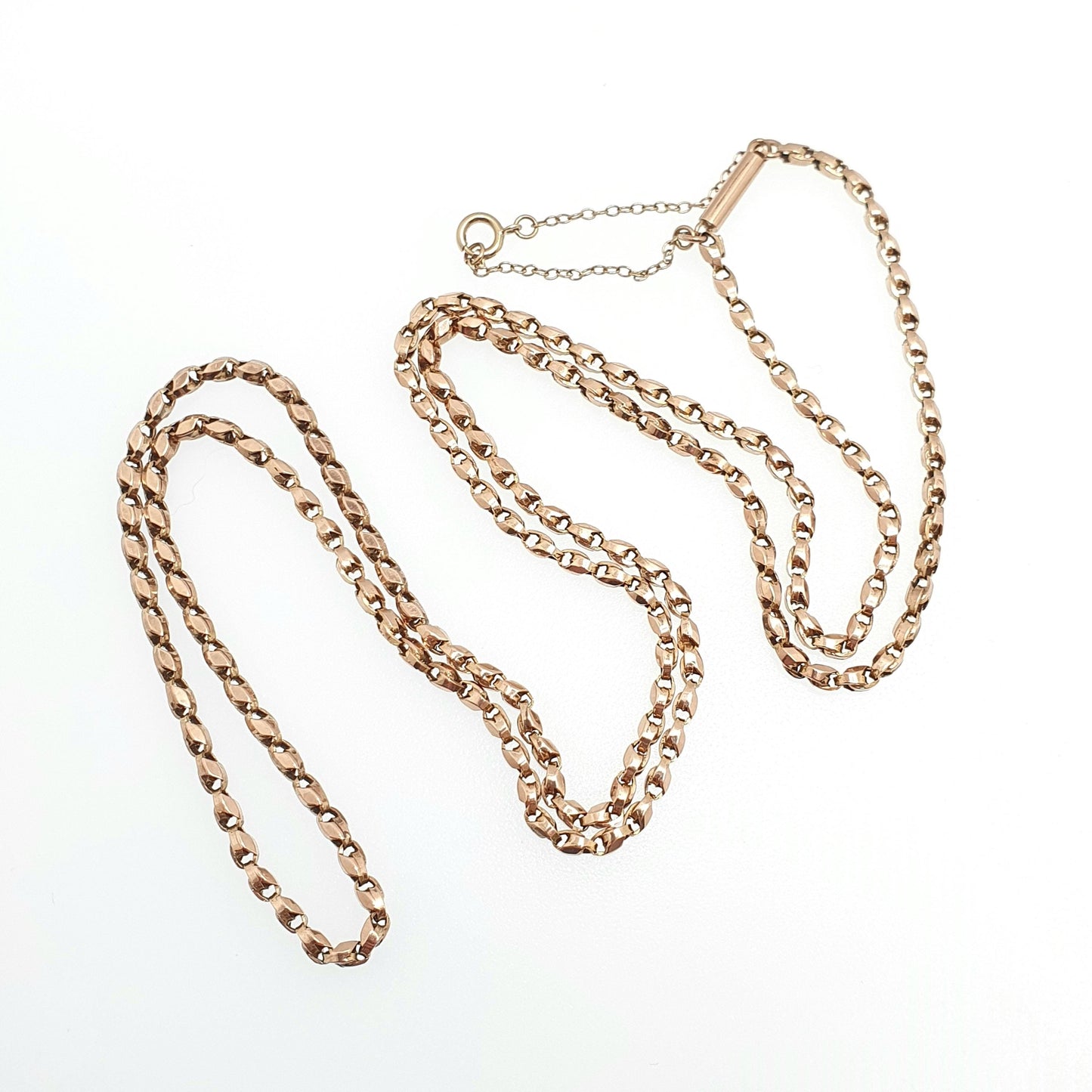 Antique Victorian 9ct 9k Rose Gold Tulip Link Chain Necklace Wheat Style Solid 9kt 66cm 25.9" 8.28g Vintage Jewelry Jewellery
