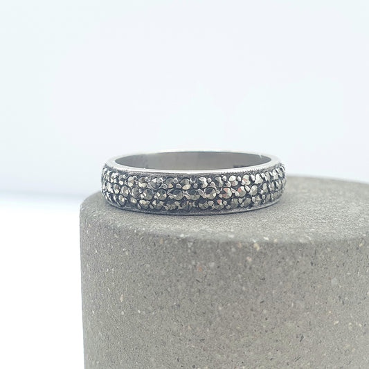 Antique Art Deco Solid Silver Marcasite Eternity Ring 3 Rows of Marcasites Womens Mens Vintage Jewelry Jewellery UK N US 6.75