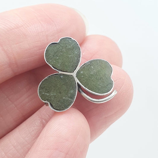 Antique Solid Silver Connemara Marble Clover Brooch Pin Irish Lucky Gift Celtic Jewelry Jewellery Mens Womens Unisex