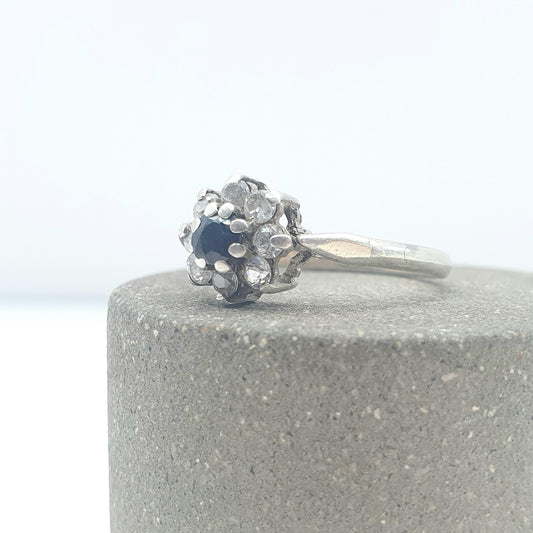 Vintage Sterling Silver Sapphire Cluster Ring Gold Vermeil CZ Border Sparkly Retro Womens Jewellery Jewelry UK N US6.75