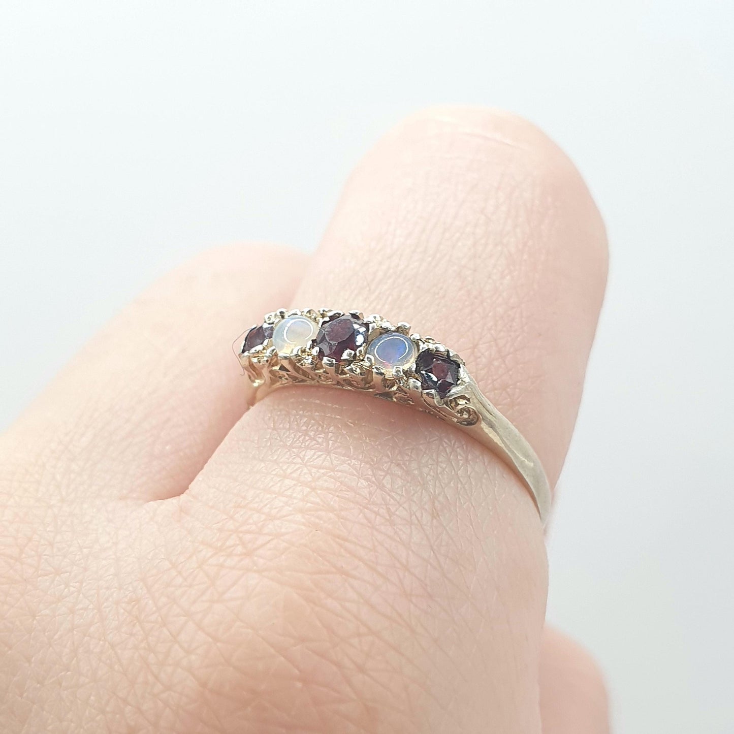 Vintage Gold on Sterling Silver Opal and Garnet Ring Gypsy 5 Stone Sparkly Retro Womens Girls Jewelry Jewellery