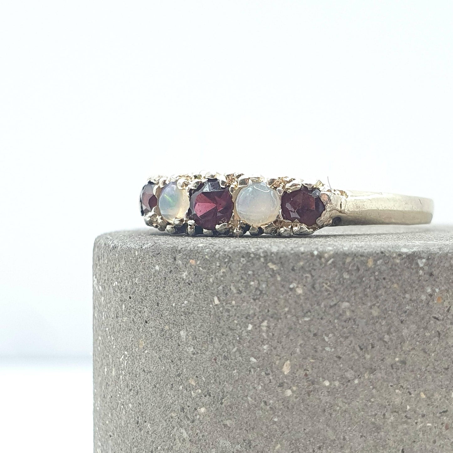 Vintage Gold on Sterling Silver Opal and Garnet Ring Gypsy 5 Stone Sparkly Retro Womens Girls Jewelry Jewellery