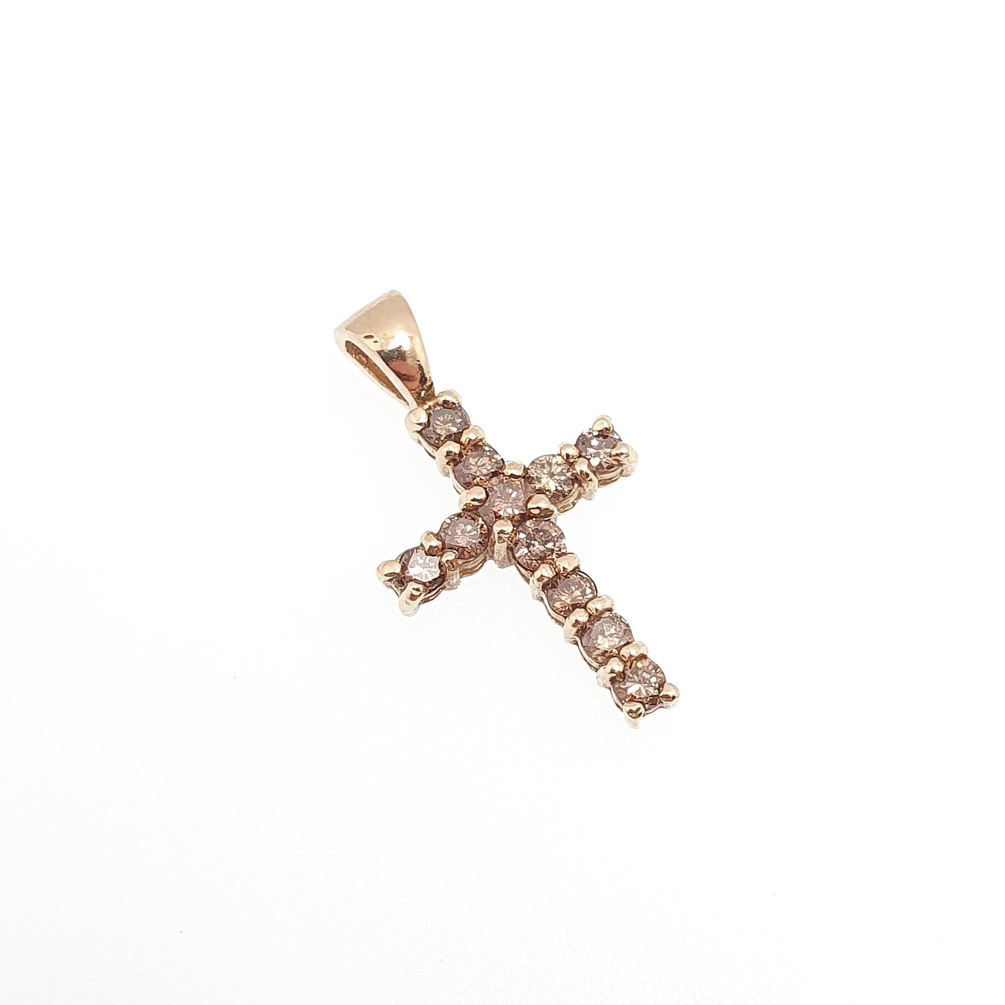 Vintage 9ct Gold Champagne Diamond Cross Crucifix Pendant Brown Diamonds Solid 9k 9kt 375 Necklace Retro Jewelry