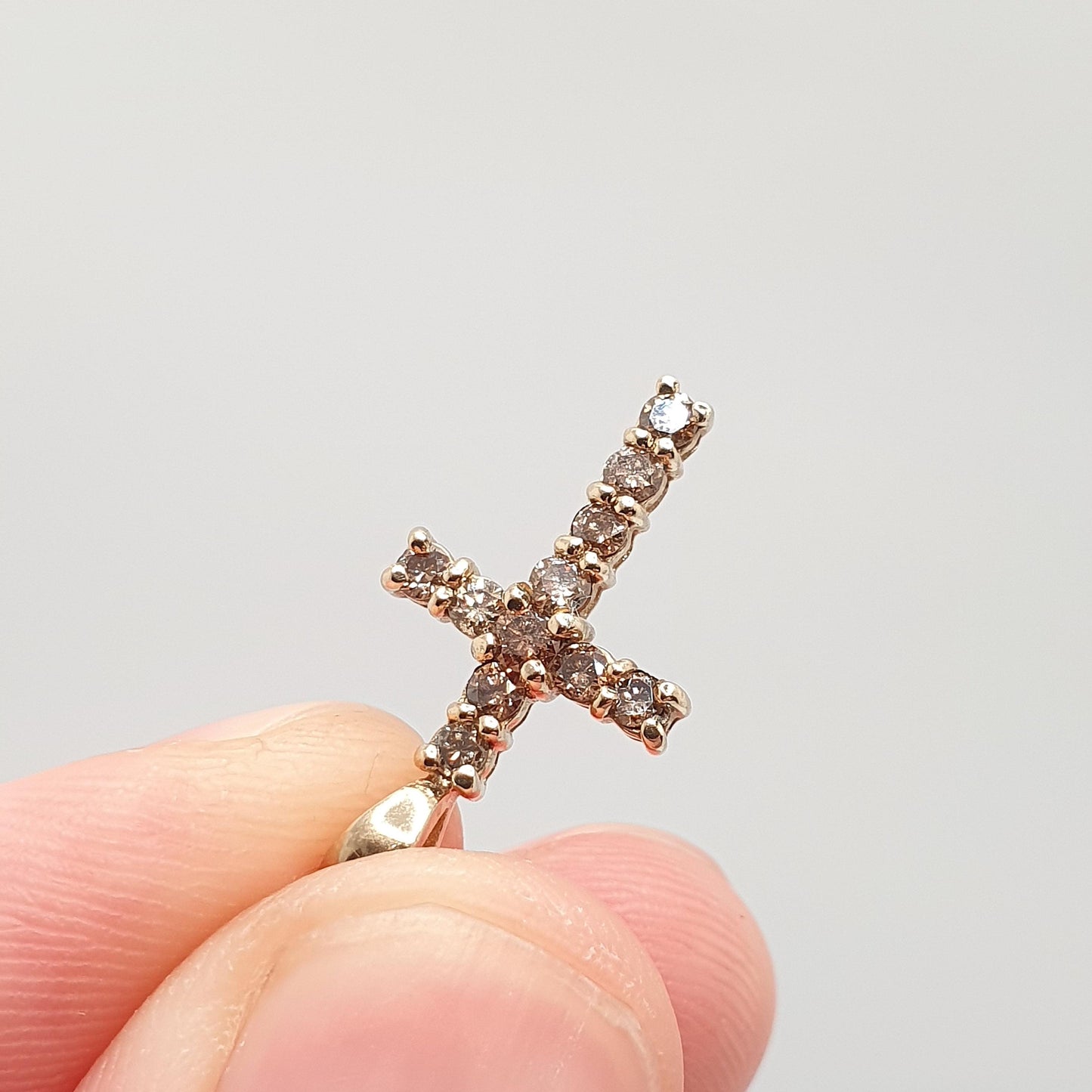 Vintage 9ct Gold Champagne Diamond Cross Crucifix Pendant Brown Diamonds Solid 9k 9kt 375 Necklace Retro Jewelry
