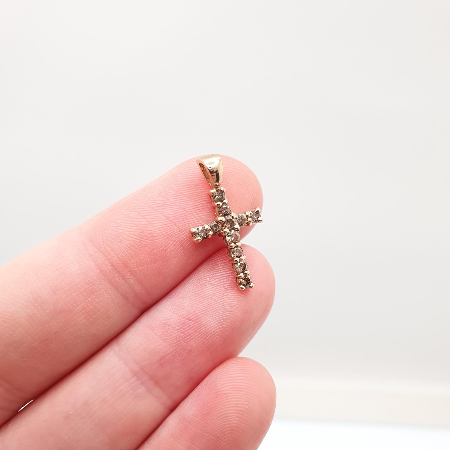 Vintage 9ct Gold Champagne Diamond Cross Crucifix Pendant Brown Diamonds Solid 9k 9kt 375 Necklace Retro Jewelry
