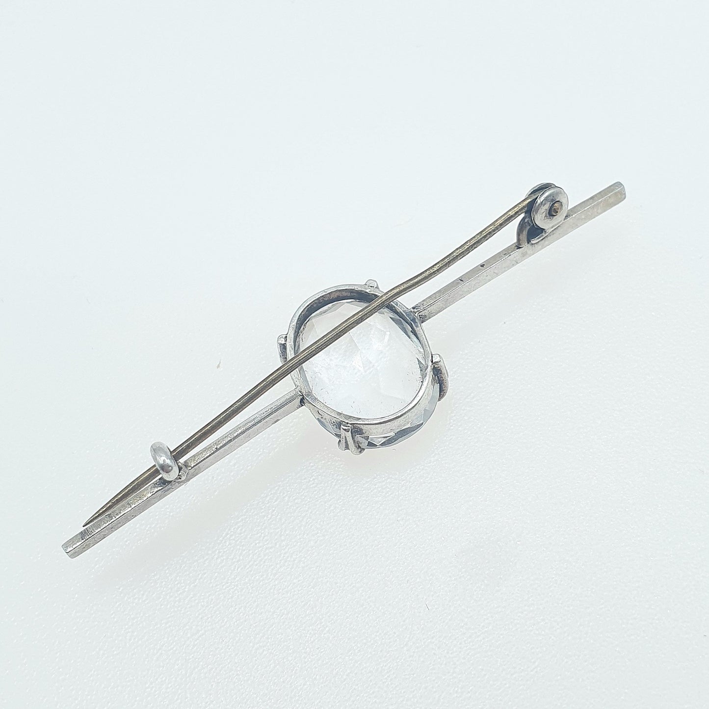 Antique Solid Silver Rock Crystal Quartz Brooch Oval Cut Genuine White Gemstone Womens Jewelry Jewellery Vintage