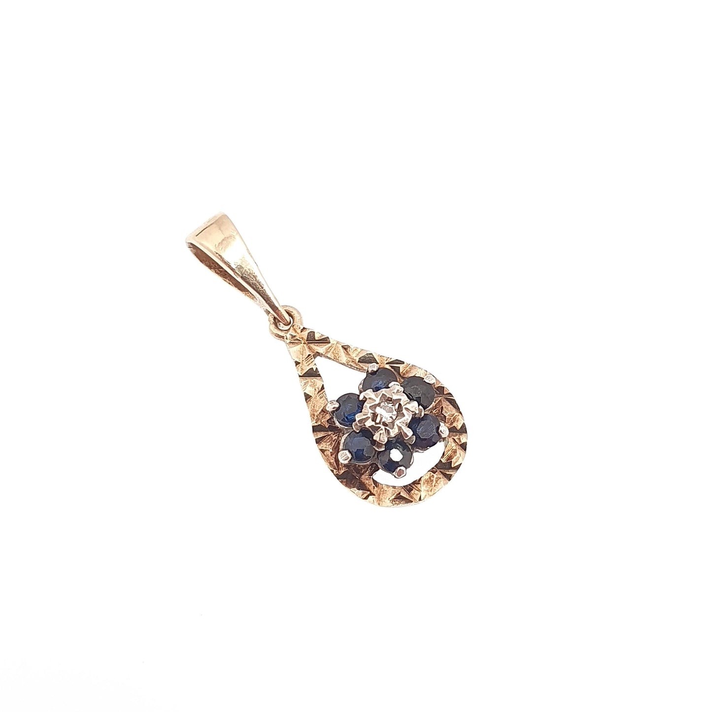 Vintage 9k 9ct Gold Sapphire & Diamond Necklace Cluster Pear Shape Pendant Halo Solid 375 Yellow Womens Jewelry Retro Jewellery