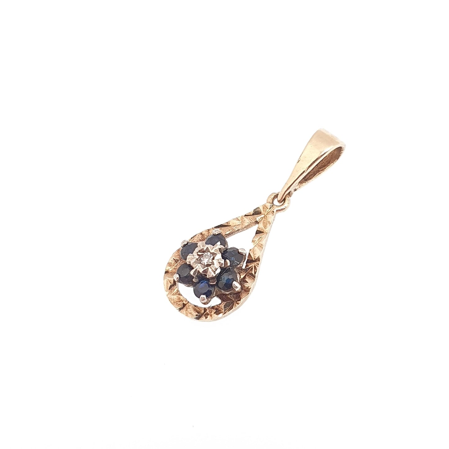 Vintage 9k 9ct Gold Sapphire & Diamond Necklace Cluster Pear Shape Pendant Halo Solid 375 Yellow Womens Jewelry Retro Jewellery