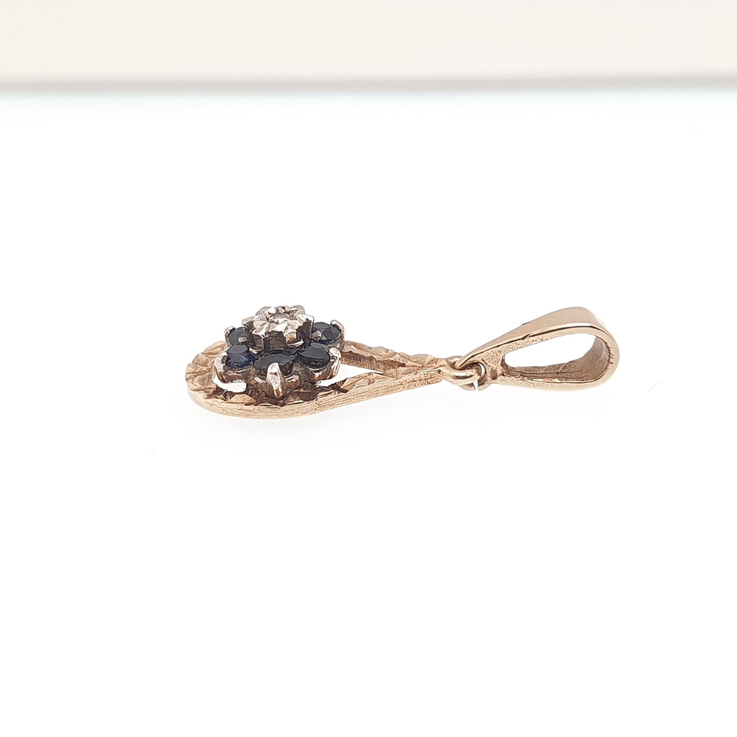 Vintage 9k 9ct Gold Sapphire & Diamond Necklace Cluster Pear Shape Pendant Halo Solid 375 Yellow Womens Jewelry Retro Jewellery