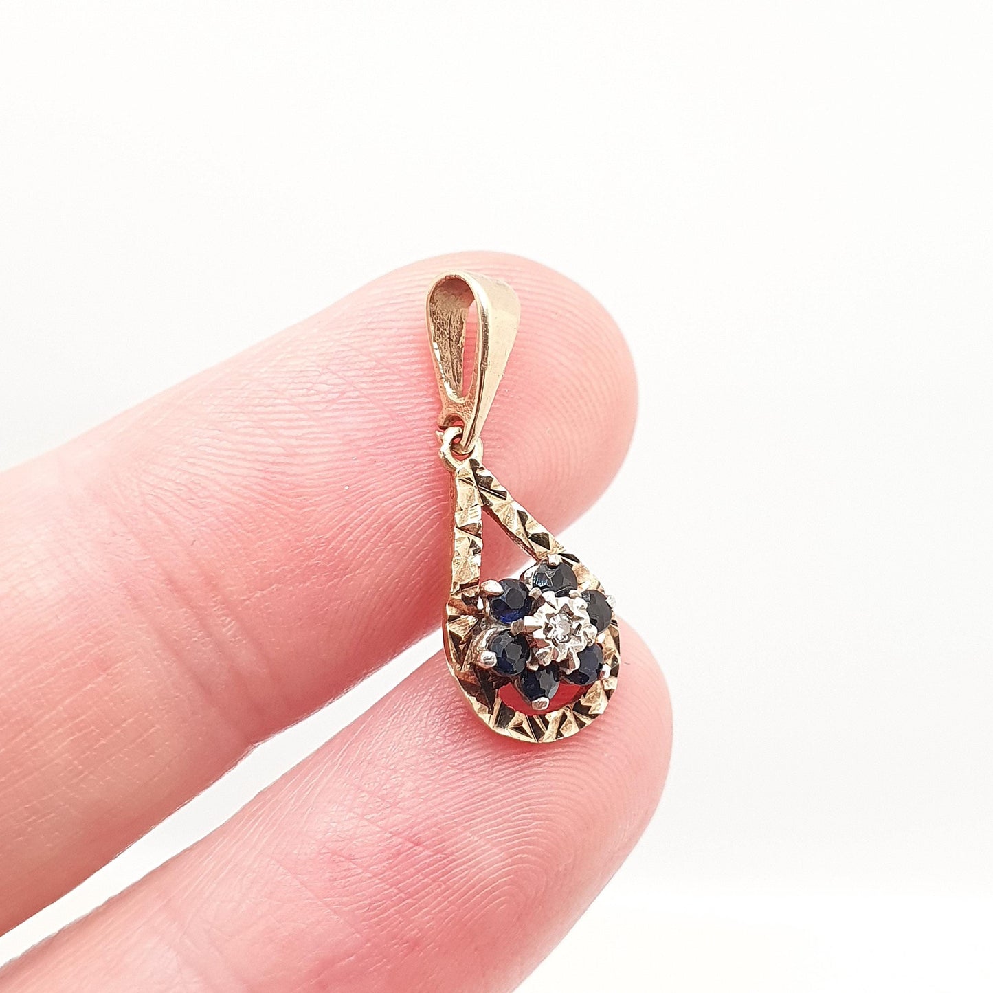 Vintage 9k 9ct Gold Sapphire & Diamond Necklace Cluster Pear Shape Pendant Halo Solid 375 Yellow Womens Jewelry Retro Jewellery