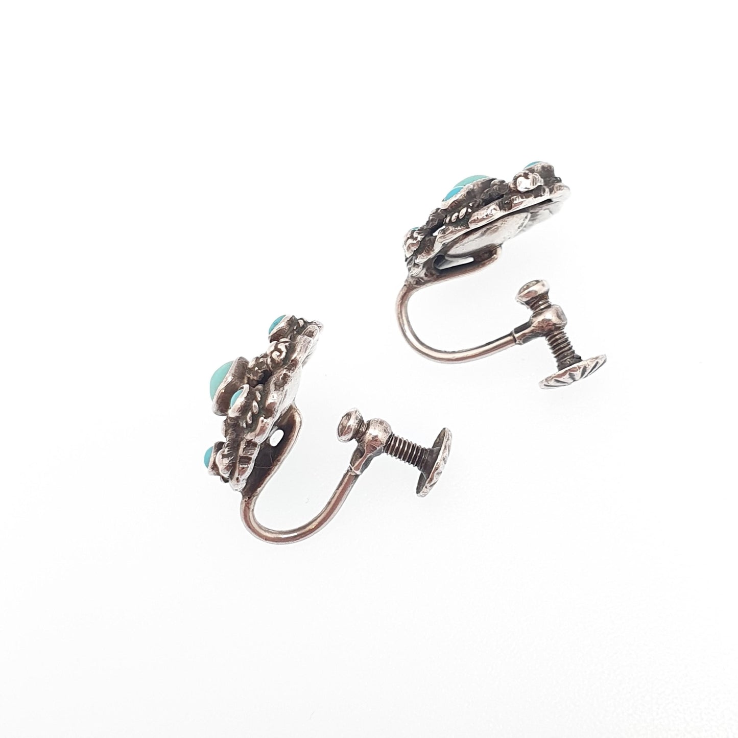 Antique Austro Hungarian Solid Silver Turquoise Earrings Victorian Natural Gemstones Screw Back Vintage Womens Jewelry Jewellery
