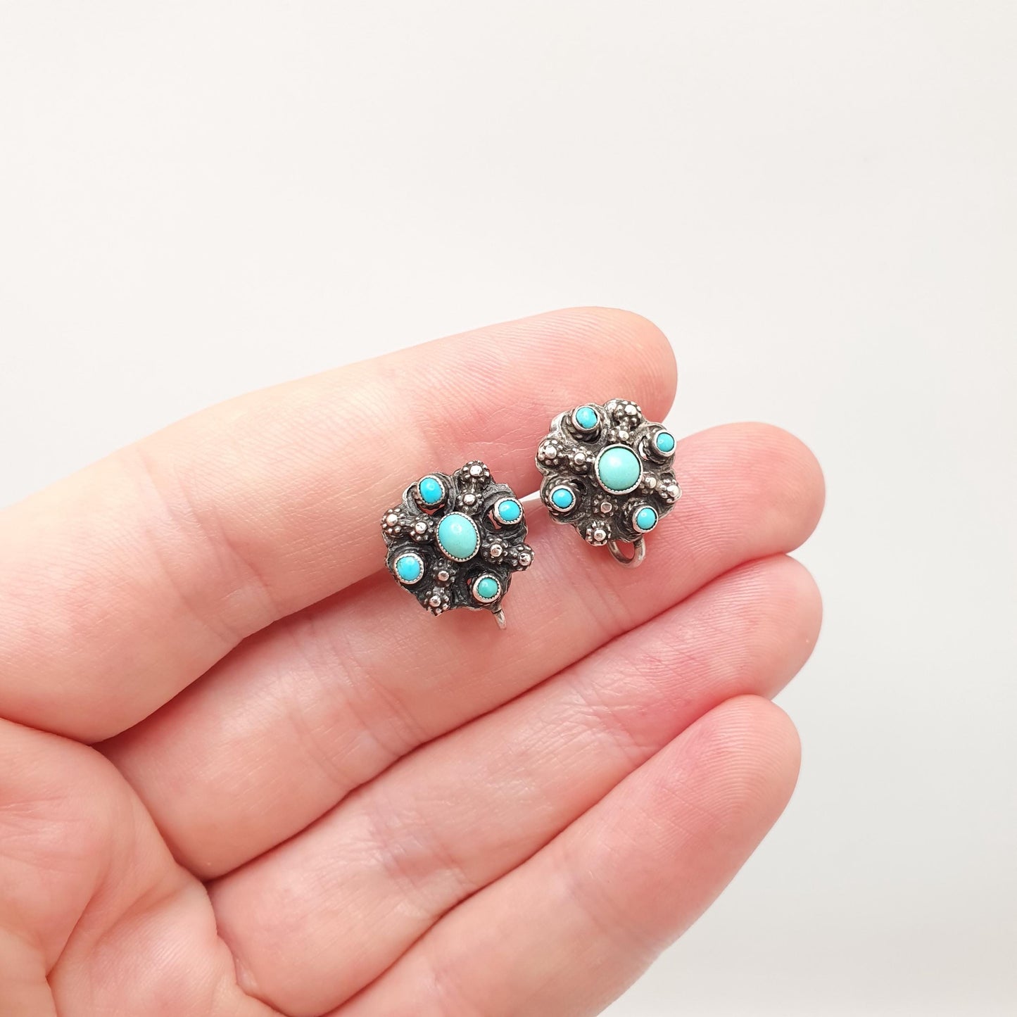 Antique Austro Hungarian Solid Silver Turquoise Earrings Victorian Natural Gemstones Screw Back Vintage Womens Jewelry Jewellery
