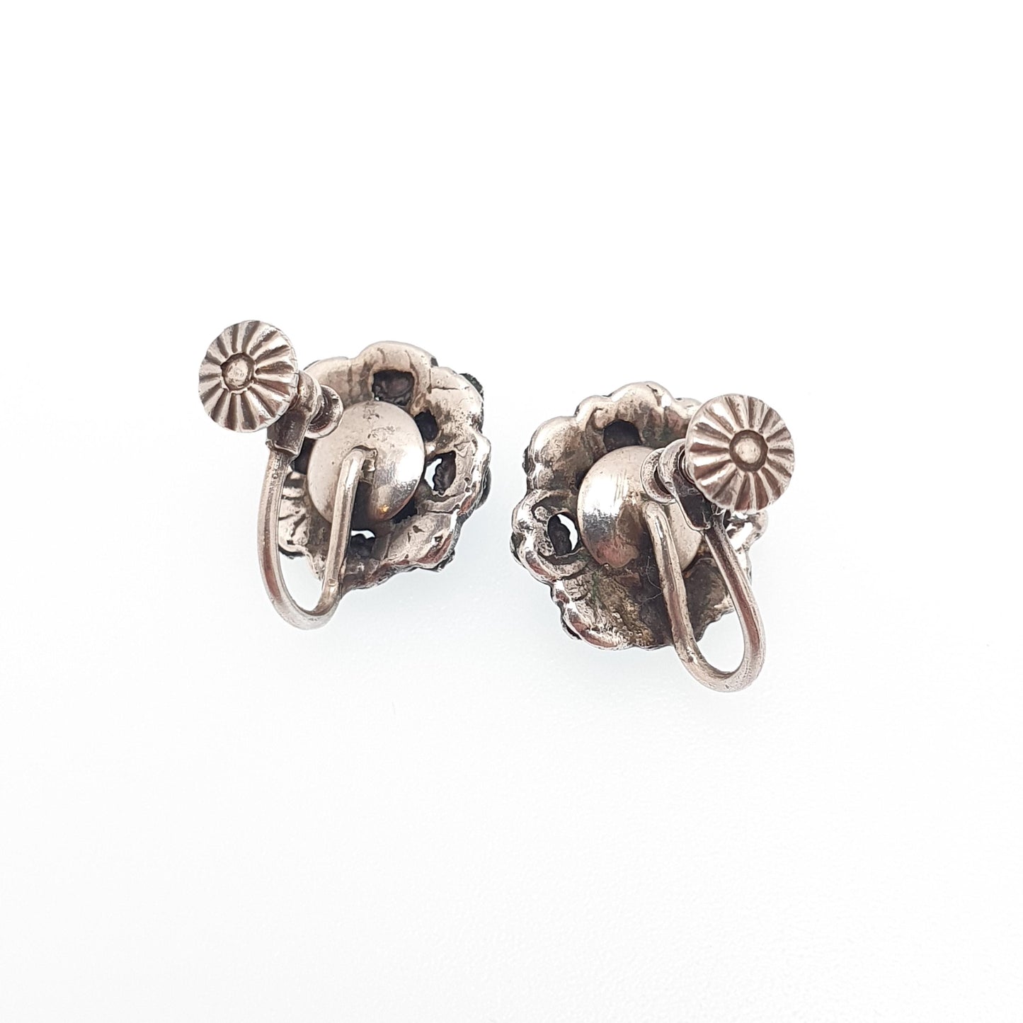 Antique Austro Hungarian Solid Silver Turquoise Earrings Victorian Natural Gemstones Screw Back Vintage Womens Jewelry Jewellery