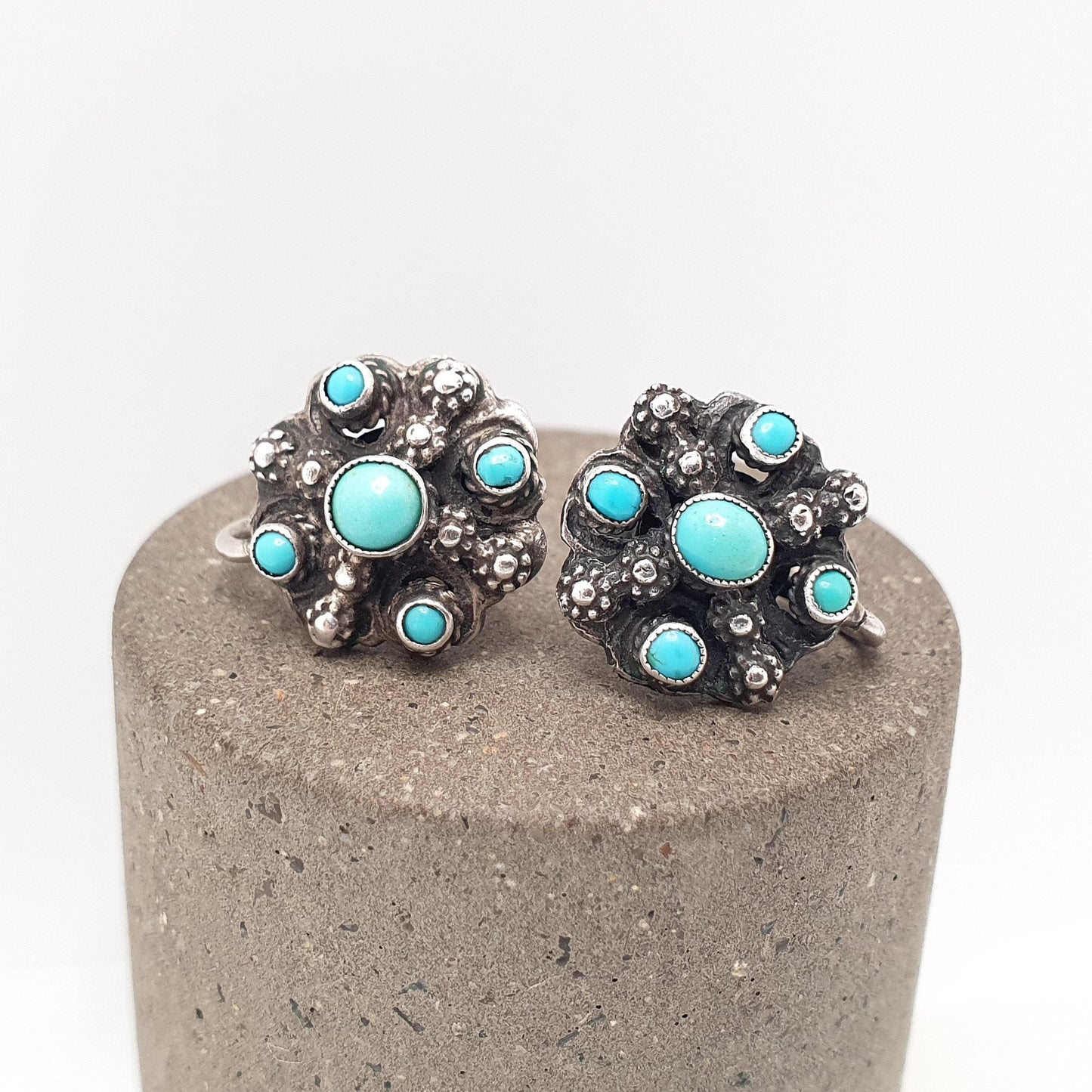 Antique Austro Hungarian Solid Silver Turquoise Earrings Victorian Natural Gemstones Screw Back Vintage Womens Jewelry Jewellery
