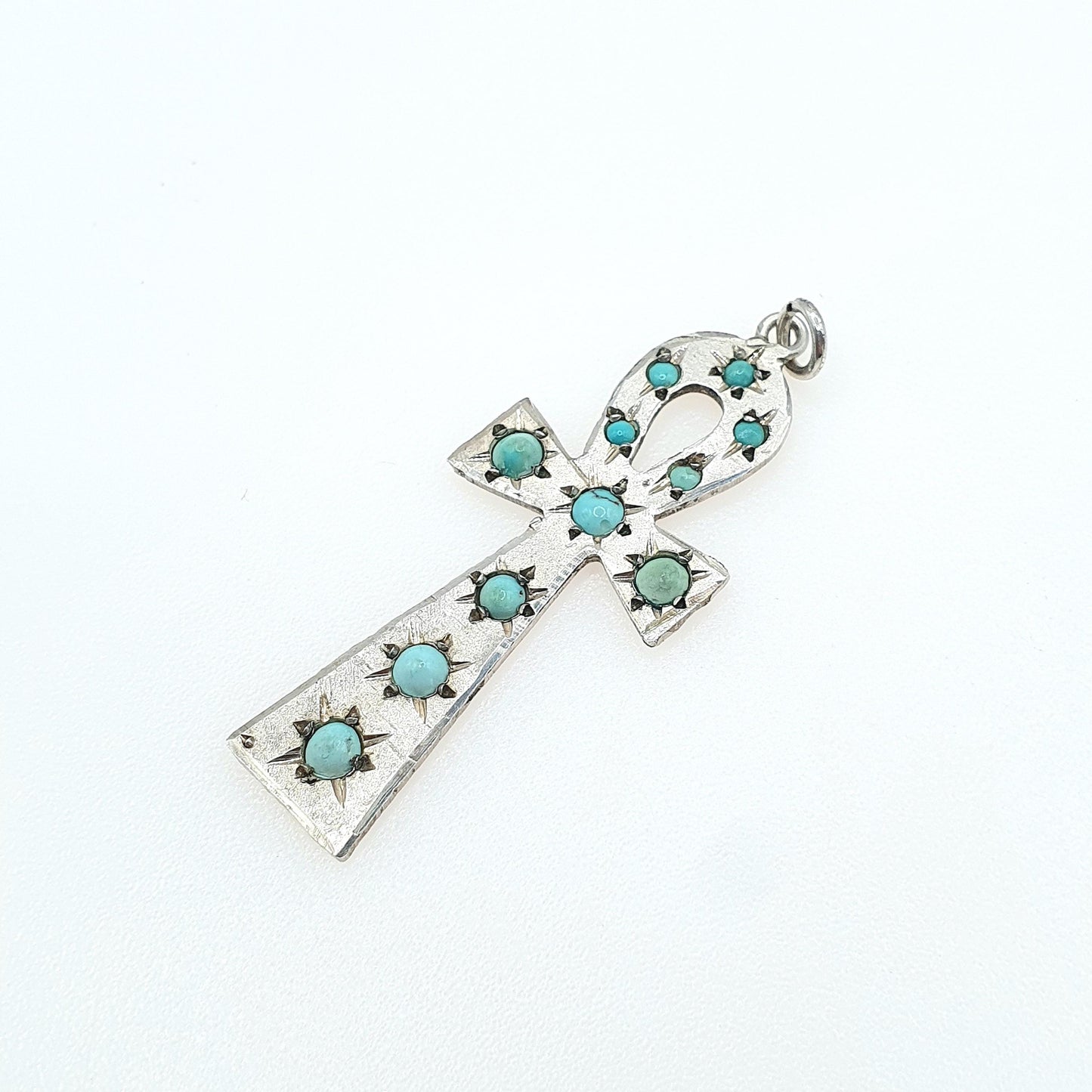 Vintage Solid Silver Egyptian Ankh Pendant Turquoise Gemstone Key of Life Egypt Large Jewelry Jewellery Mens Womens Necklace