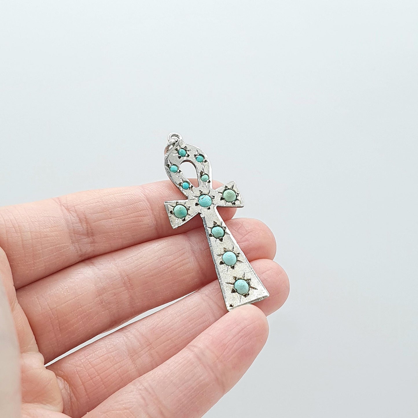 Vintage Solid Silver Egyptian Ankh Pendant Turquoise Gemstone Key of Life Egypt Large Jewelry Jewellery Mens Womens Necklace