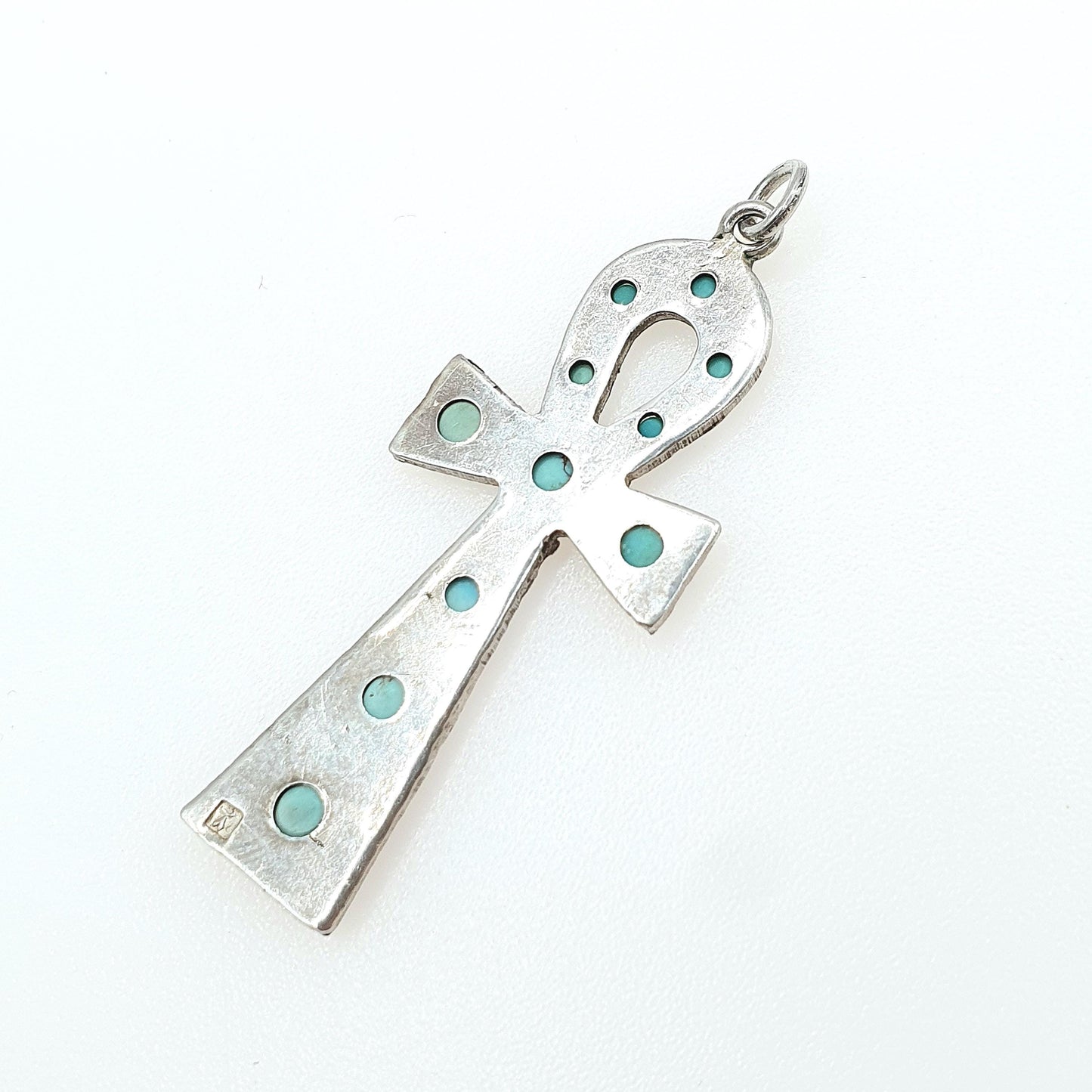 Vintage Solid Silver Egyptian Ankh Pendant Turquoise Gemstone Key of Life Egypt Large Jewelry Jewellery Mens Womens Necklace