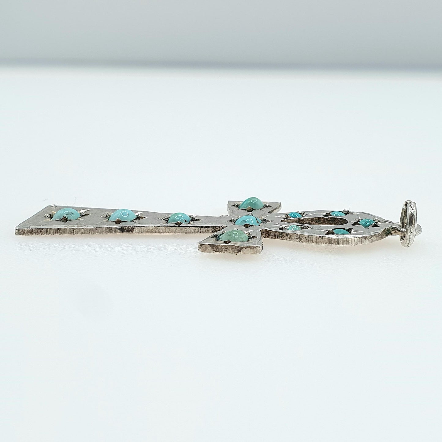 Vintage Solid Silver Egyptian Ankh Pendant Turquoise Gemstone Key of Life Egypt Large Jewelry Jewellery Mens Womens Necklace
