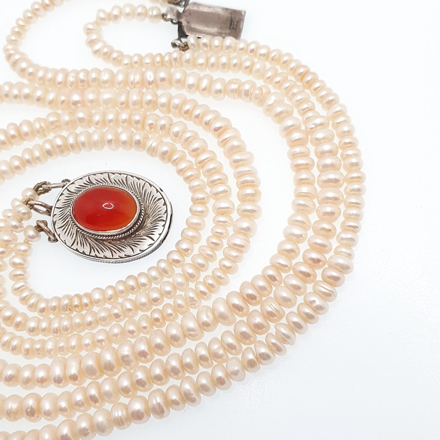 Antique Solid Silver Freshwater Pearl Necklace Large Carnelian Clasp Triple Strand Three Genuine Pearls Vintage Jewelry