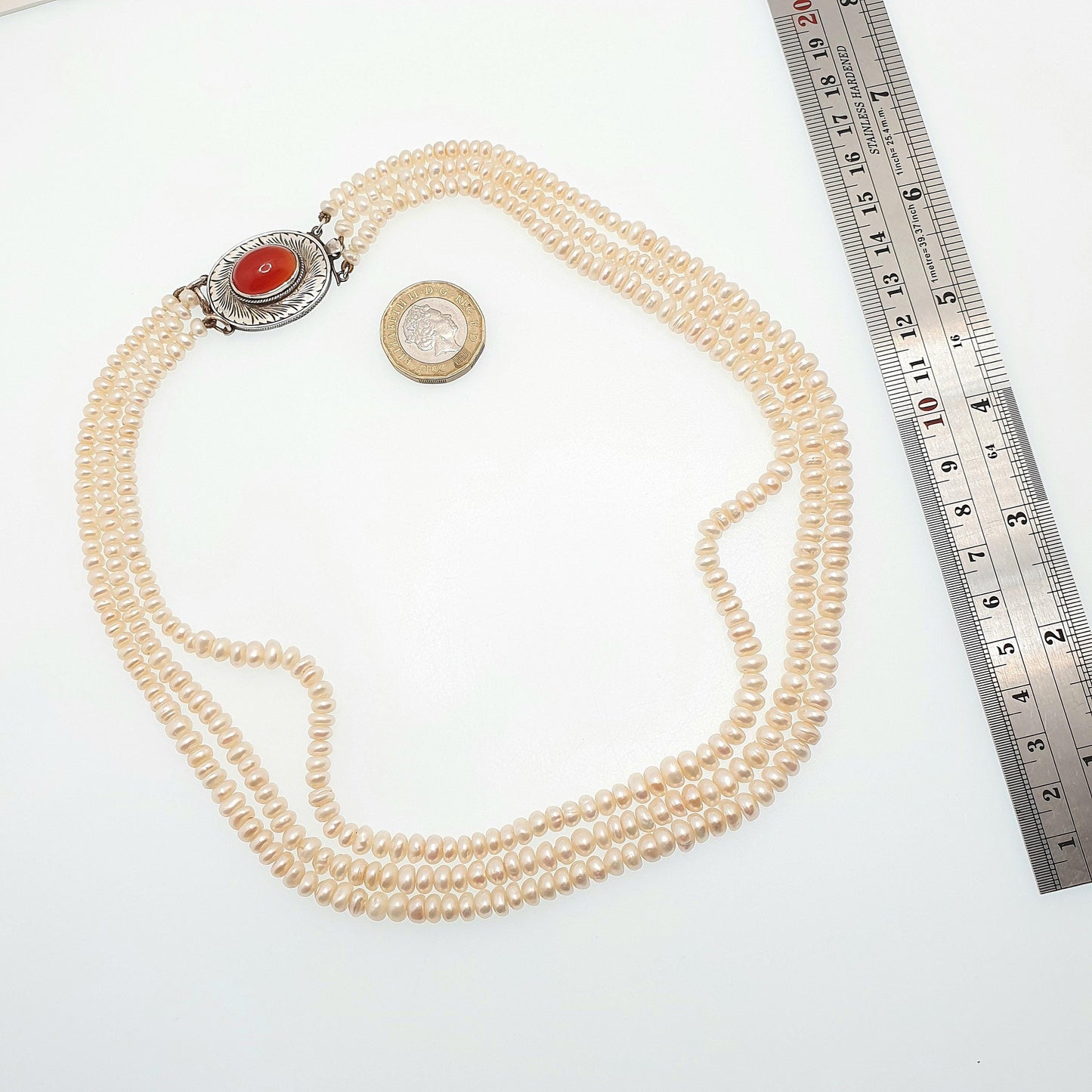 Antique Solid Silver Freshwater Pearl Necklace Large Carnelian Clasp Triple Strand Three Genuine Pearls Vintage Jewelry