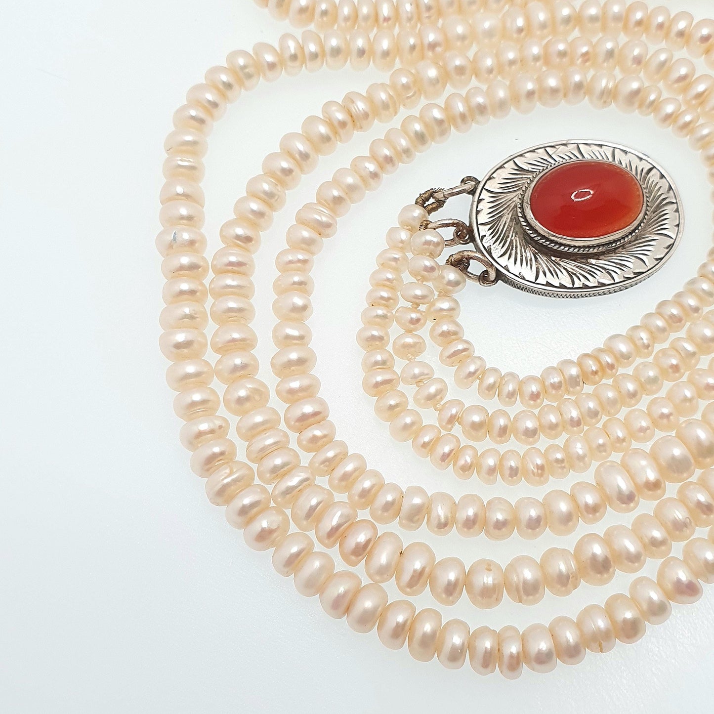 Antique Solid Silver Freshwater Pearl Necklace Large Carnelian Clasp Triple Strand Three Genuine Pearls Vintage Jewelry