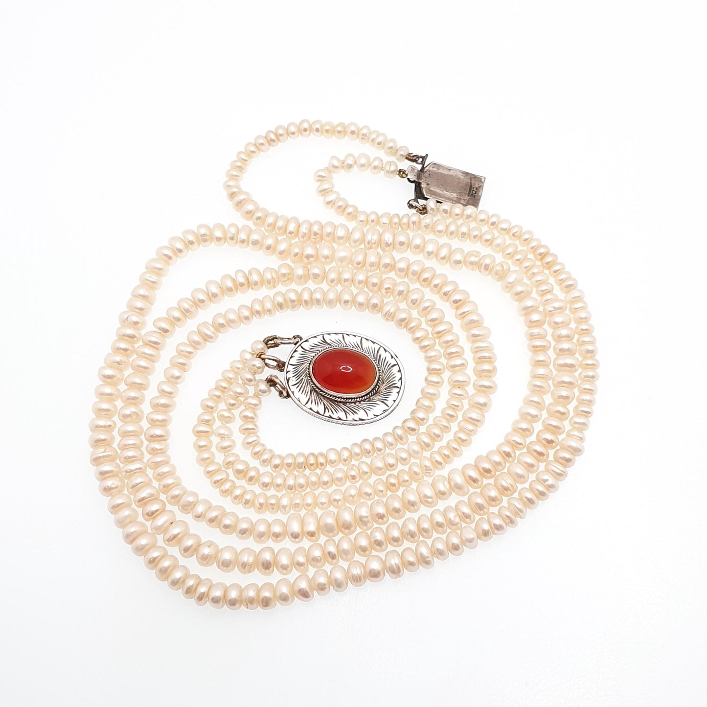 Antique Solid Silver Freshwater Pearl Necklace Large Carnelian Clasp Triple Strand Three Genuine Pearls Vintage Jewelry