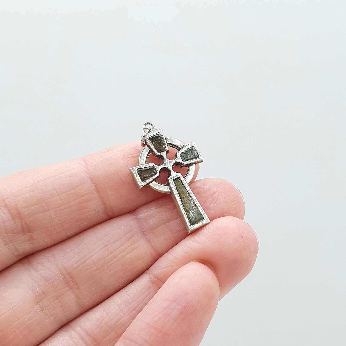 Antique Solid Silver Celtic Cross Connemara Marble Pendant Gaelic Irish Necklace Jewelry Jewellery Womens Mens Crucifix