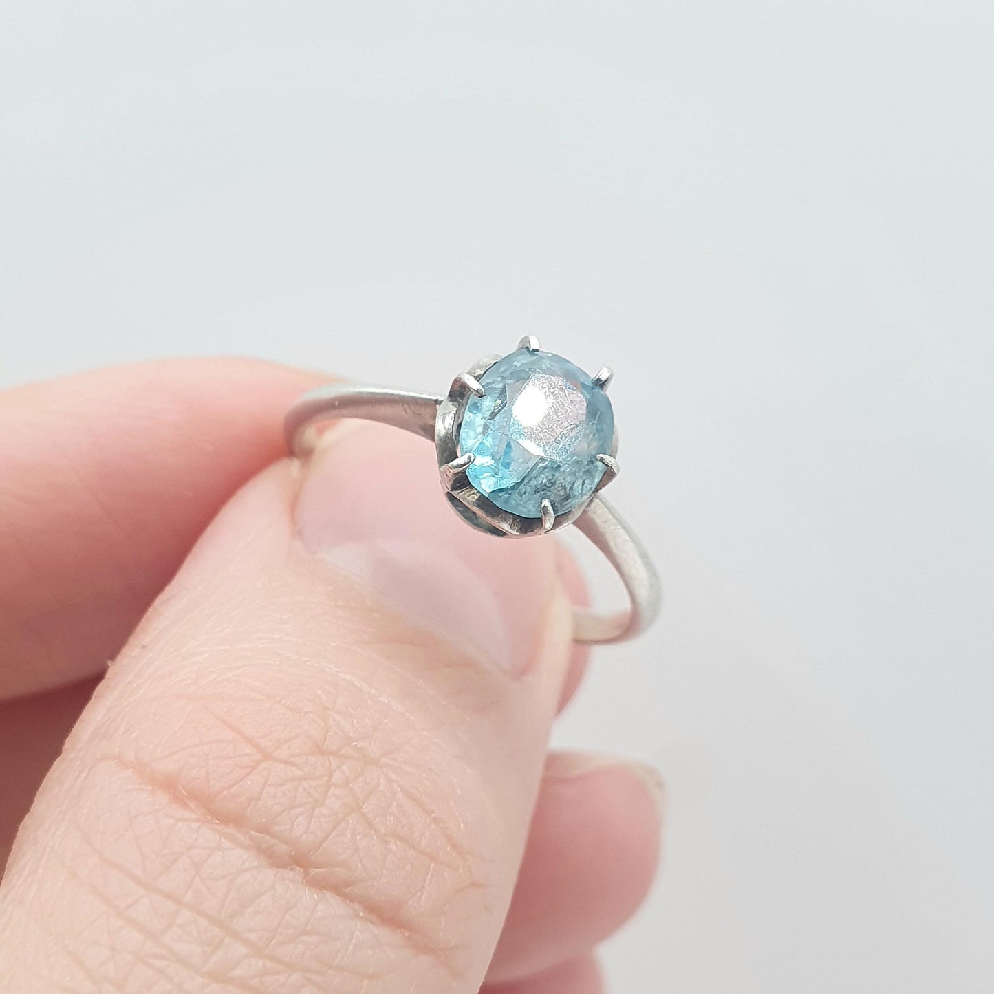 Vintage Sterling Silver Natural Swiss Topaz Solitaire Ring Oval Cut Sky Blue Gemstone Solid 925 Womens Ladies Jewelry