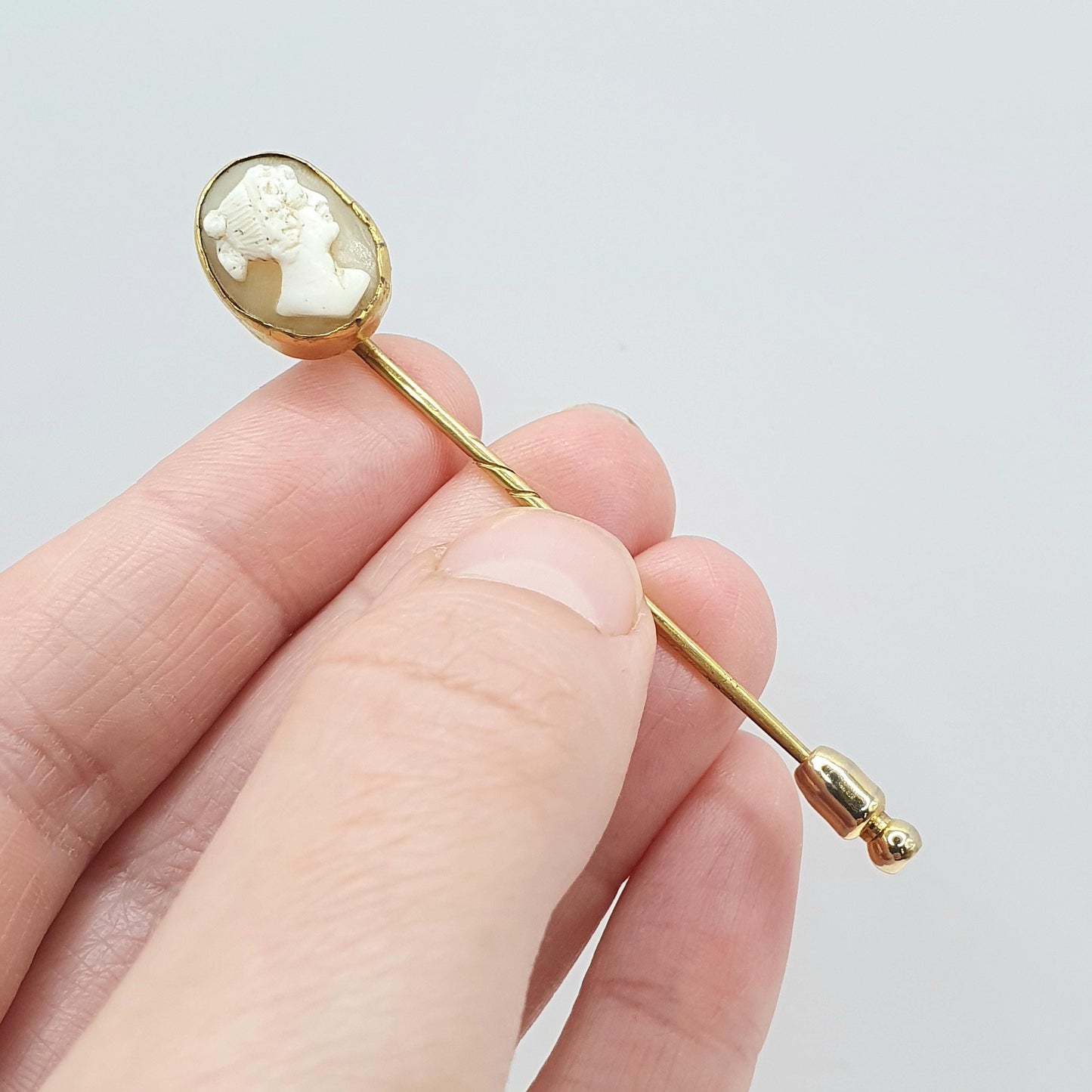 Antique Victorian Gold Gilt Cameo Stick Pin Hand Carved Shell Lapel Pin Jacket Mens Gents Vintage Jewelry