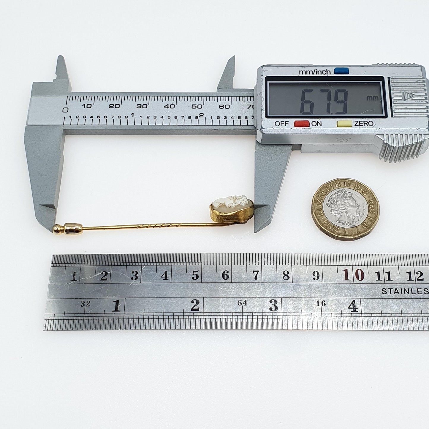 Antique Victorian Gold Gilt Cameo Stick Pin Hand Carved Shell Lapel Pin Jacket Mens Gents Vintage Jewelry