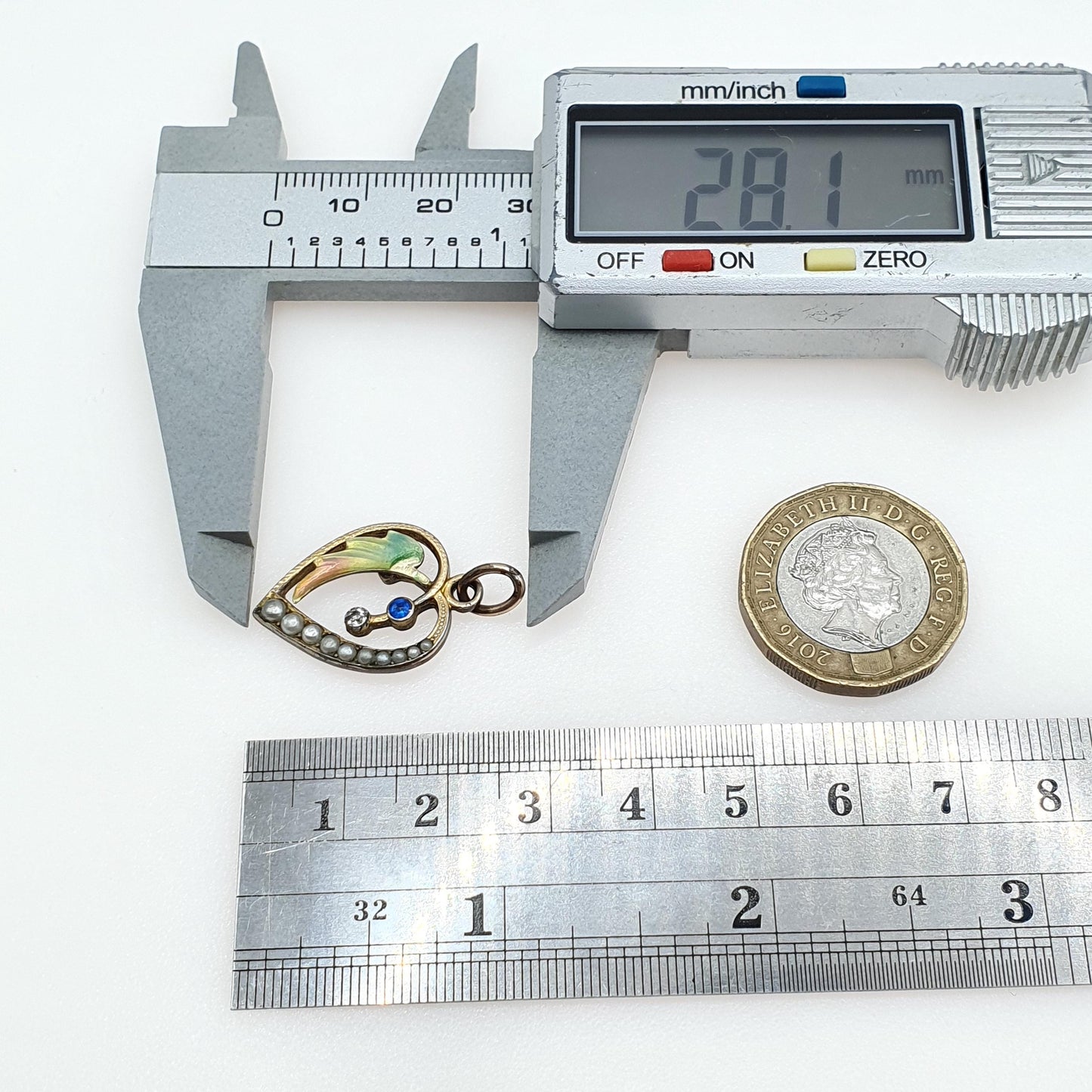 Antique Rolled Gold Front Enamel & Paste Heart Pendant Faux Seed Pearl Multicoloured Womens Jewelry Vintage Jewellery