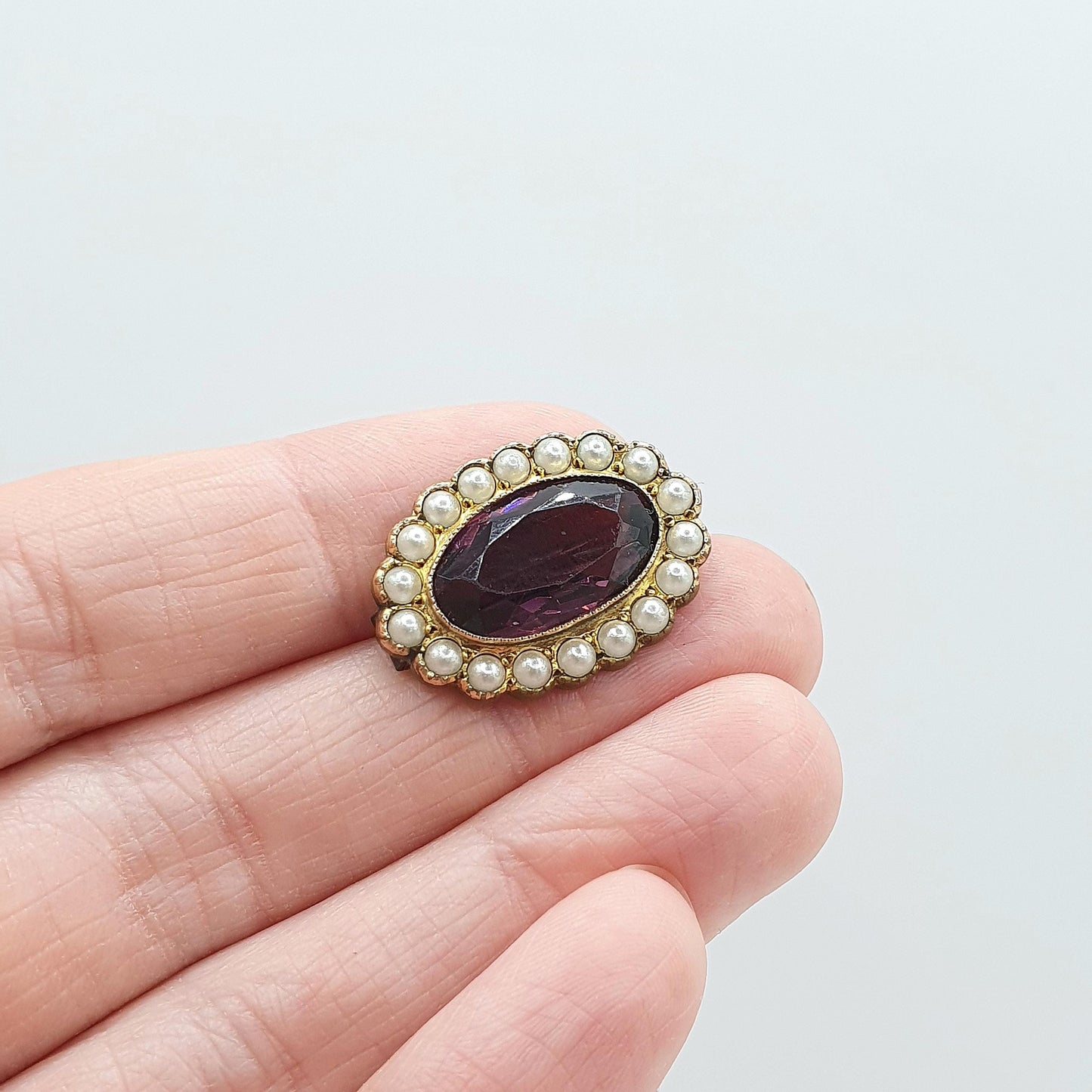Antique Victorian Gold Gilt Amethyst Paste & Faux Seed Pearl Brooch Oval Cut Purple Womens Ladies Vintage Jewelry Jewellery