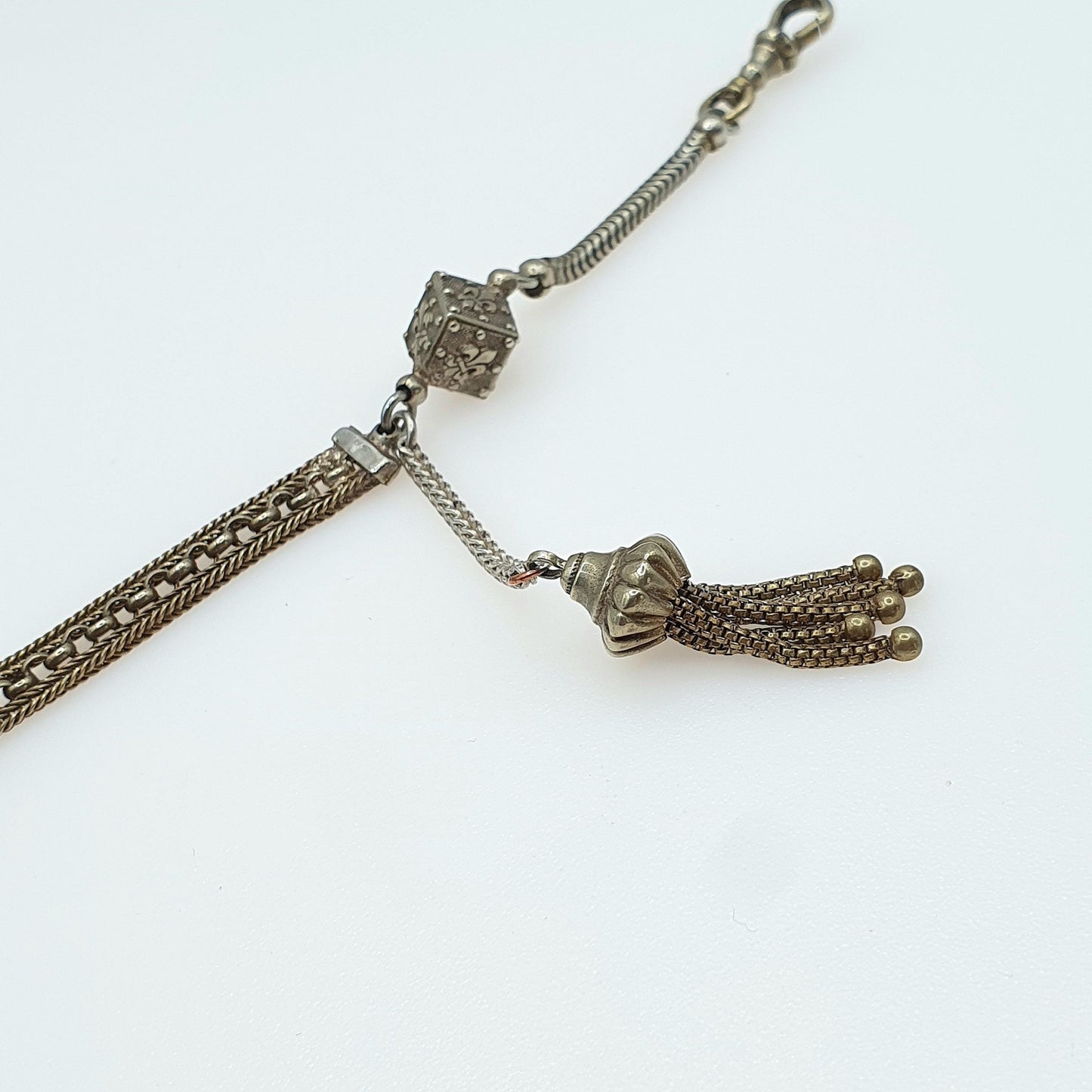 Antique French Albertina Chain Bracelet with Dice Tassel Fob Dog Clip Fleur de Lys Silver Tone Base Metal Jewellery Jewelry 19.5cm 11.16g