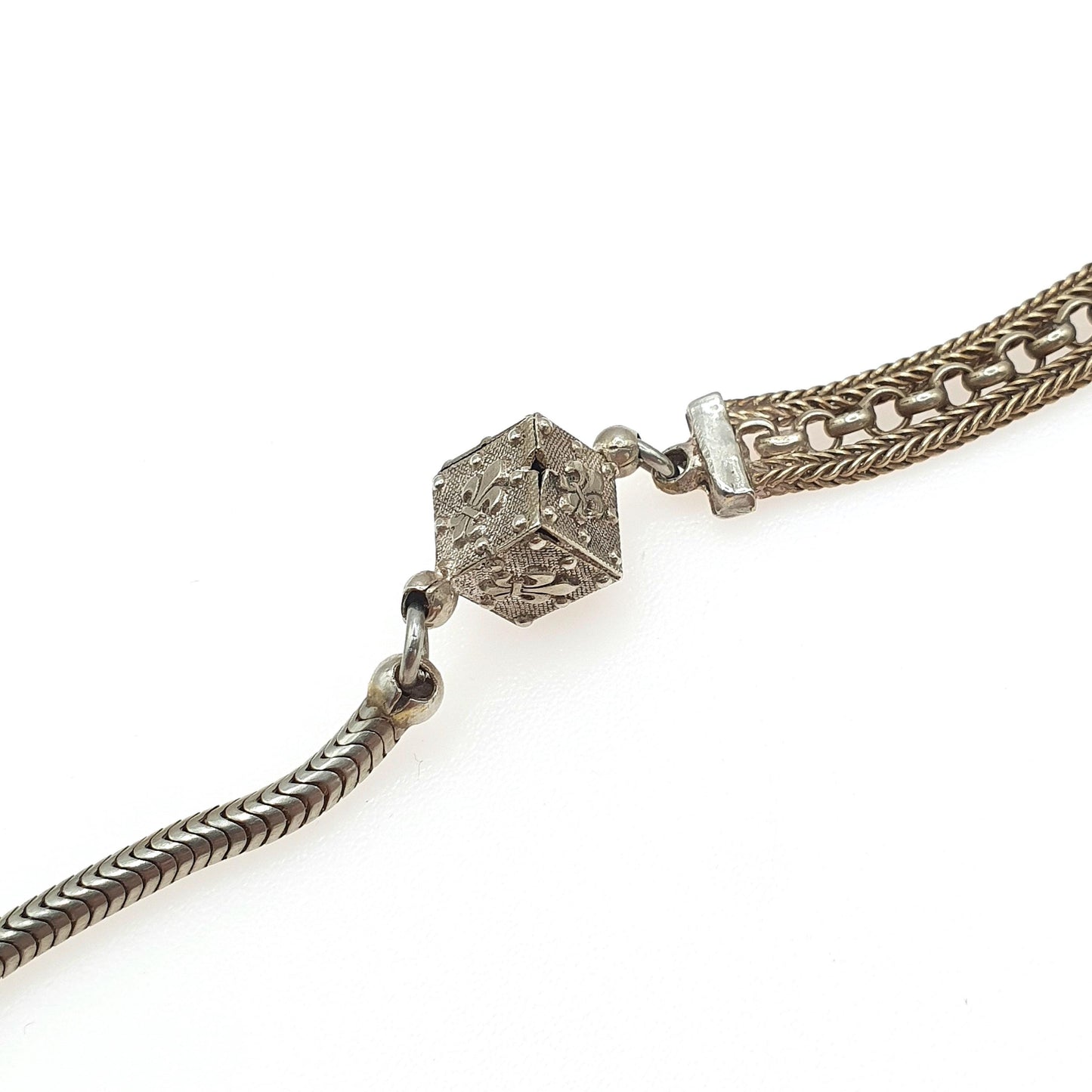 Antique French Albertina Chain Bracelet with Dice Tassel Fob Dog Clip Fleur de Lys Silver Tone Base Metal Jewellery Jewelry 19.5cm 11.16g