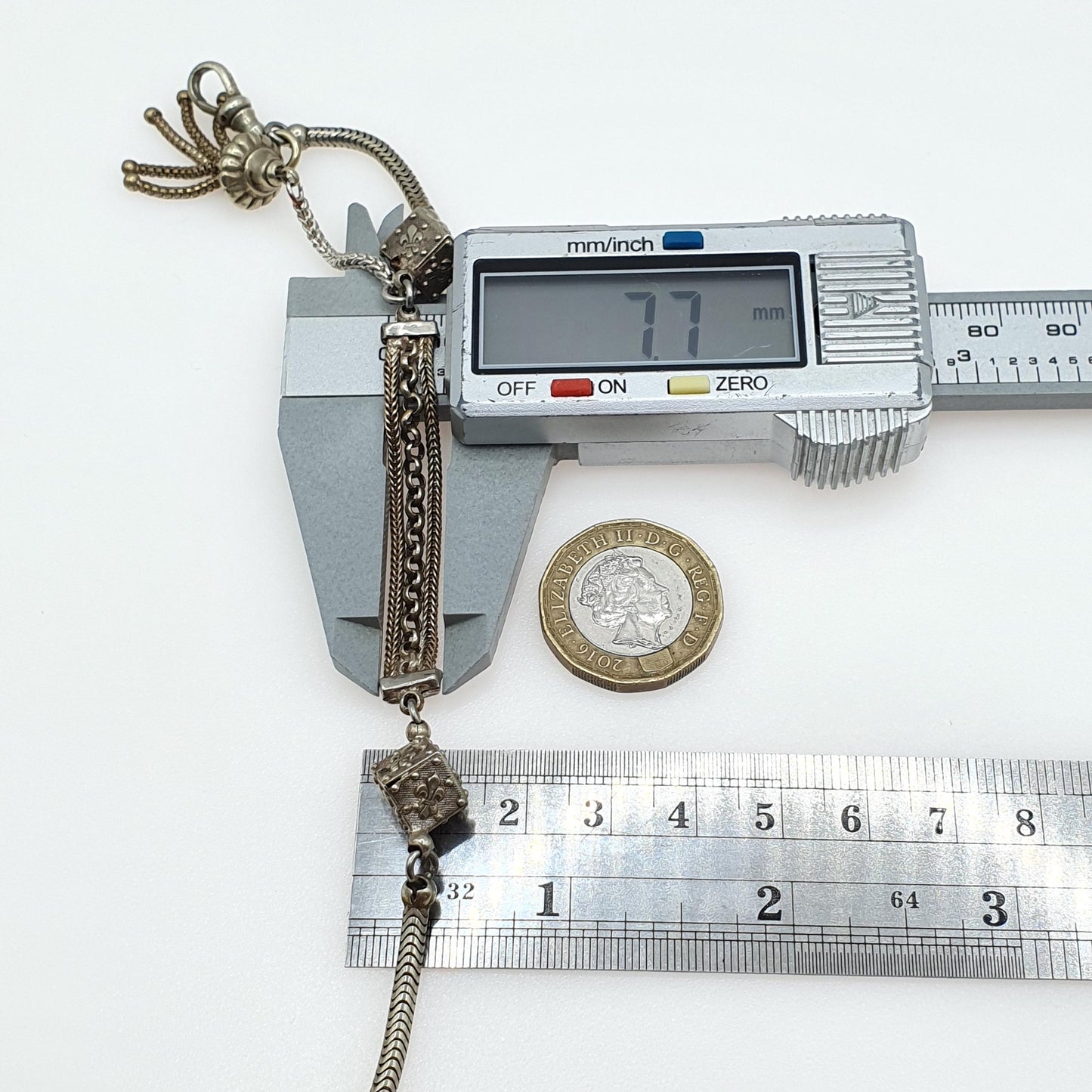 Antique French Albertina Chain Bracelet with Dice Tassel Fob Dog Clip Fleur de Lys Silver Tone Base Metal Jewellery Jewelry 19.5cm 11.16g