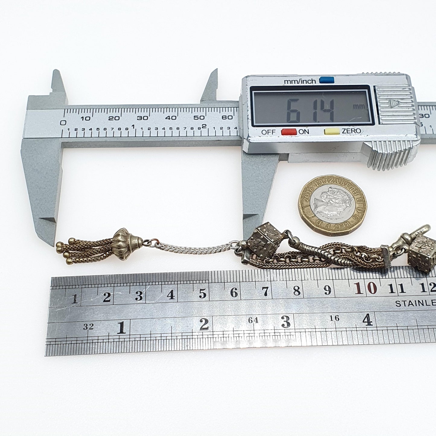 Antique French Albertina Chain Bracelet with Dice Tassel Fob Dog Clip Fleur de Lys Silver Tone Base Metal Jewellery Jewelry 19.5cm 11.16g