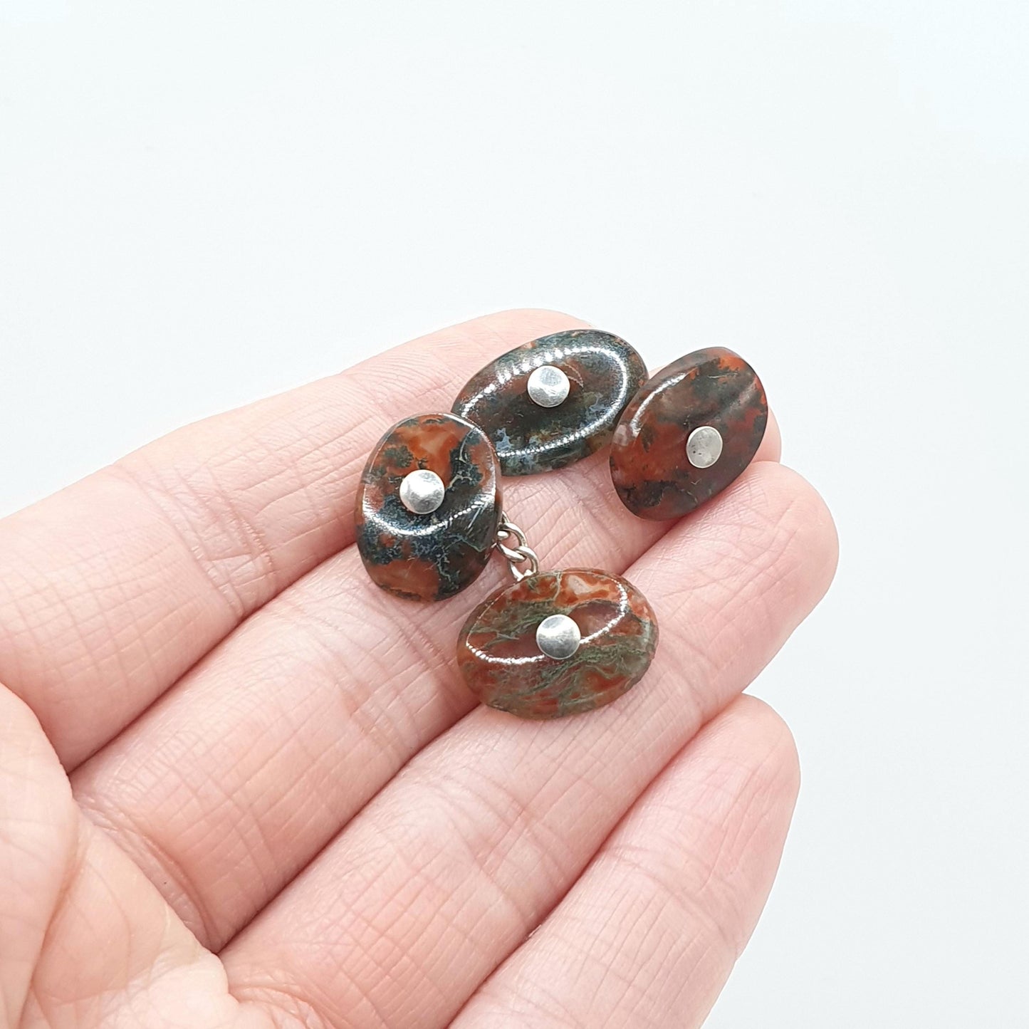 Antique Victorian Moss Agate Solid Silver Cuff Links Genuine Gemstone Quartz Oval and Chain Mens Vintage Unisex Jewelry Jewellery