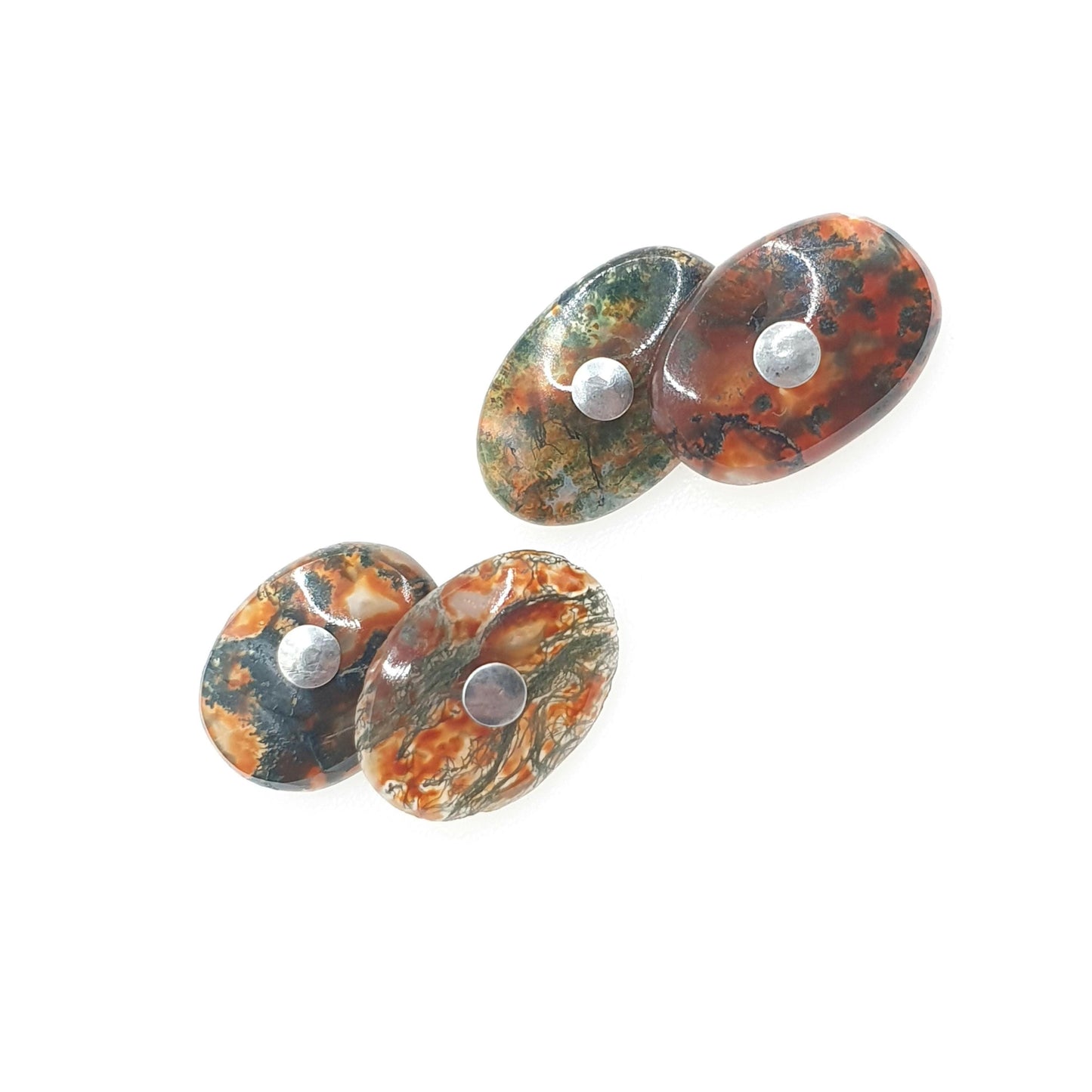Antique Victorian Moss Agate Solid Silver Cuff Links Genuine Gemstone Quartz Oval and Chain Mens Vintage Unisex Jewelry Jewellery