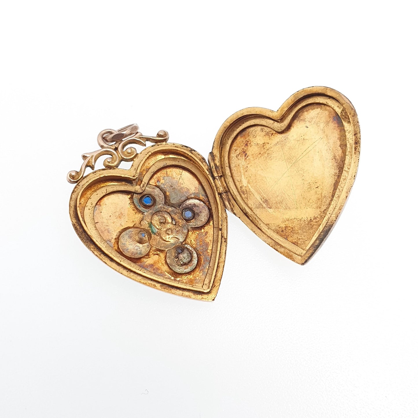 Antique 9ct 9k Gold Opal Heart Locket Blue Iolite Gemstone Pendant Back & Front Photo Vintage Jewelry Jewellery