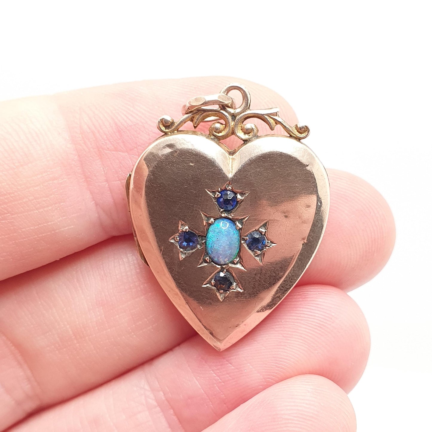 Antique 9ct 9k Gold Opal Heart Locket Blue Iolite Gemstone Pendant Back & Front Photo Vintage Jewelry Jewellery