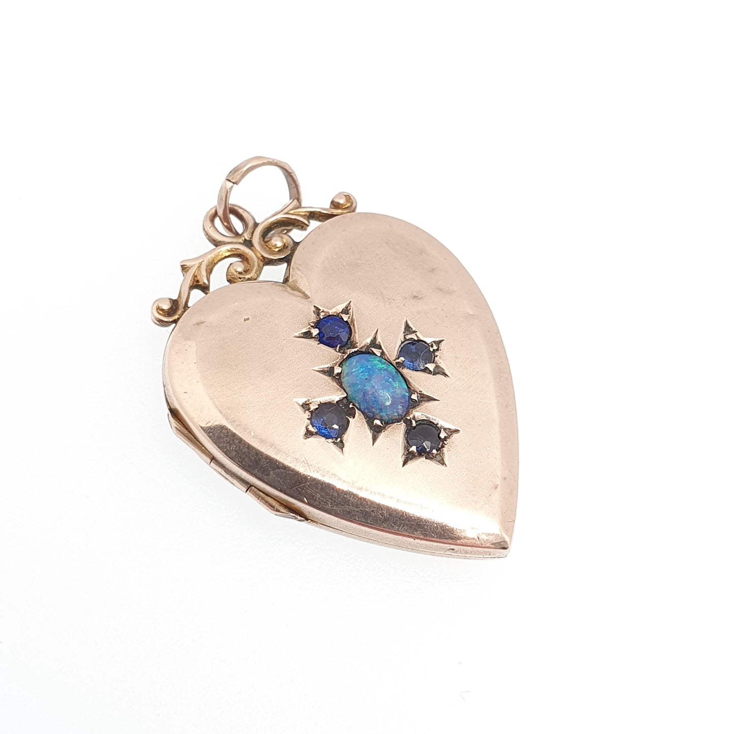 Antique 9ct 9k Gold Opal Heart Locket Blue Iolite Gemstone Pendant Back & Front Photo Vintage Jewelry Jewellery