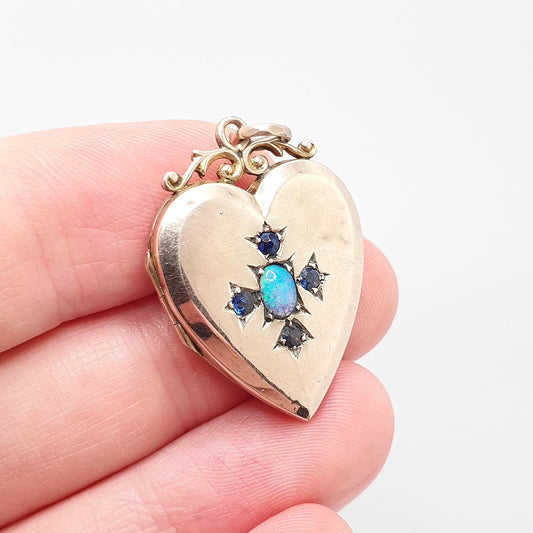 Antique 9ct 9k Gold Opal Heart Locket Blue Iolite Gemstone Pendant Back & Front Photo Vintage Jewelry Jewellery
