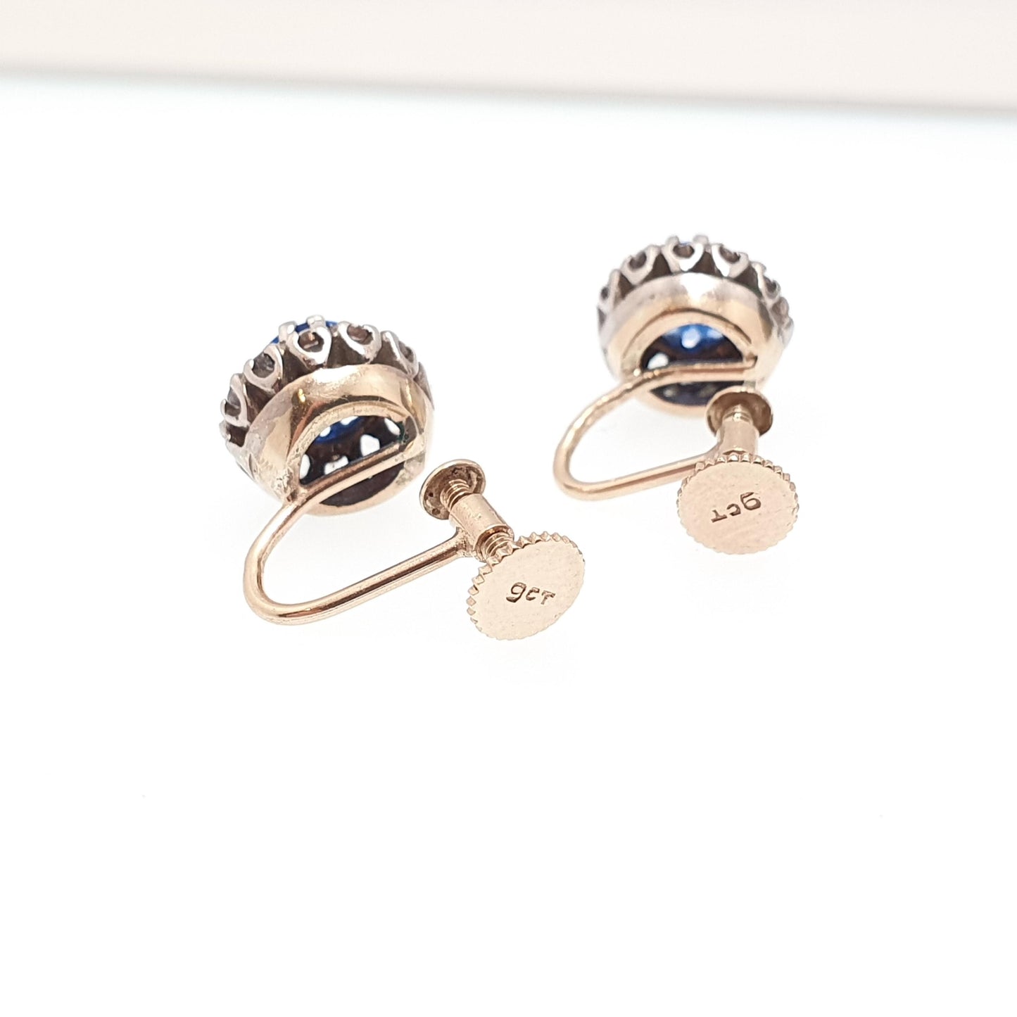Antique 9ct 9k Gold Blue Spinel Earrings White Quartz Victorian Solid Silver Genuine Gemstone Cluster Screw Back Vintage Jewelry Jewellery