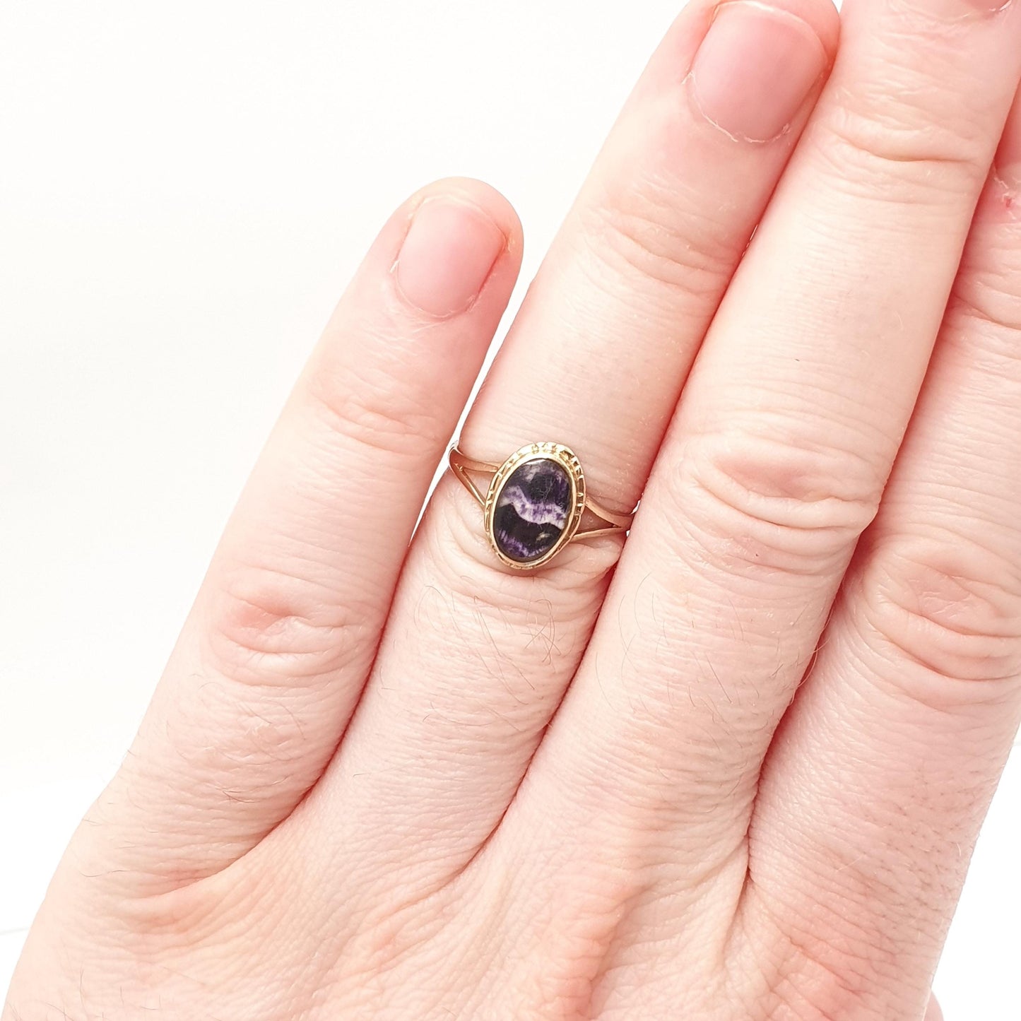 Vintage 9ct Gold Blue John Ring Solid 9k 9kt 375 Yellow Signet Cabochon Oval Fluorite Bleu Jaune Womens Rare Gemstone Jewelry Jewellery