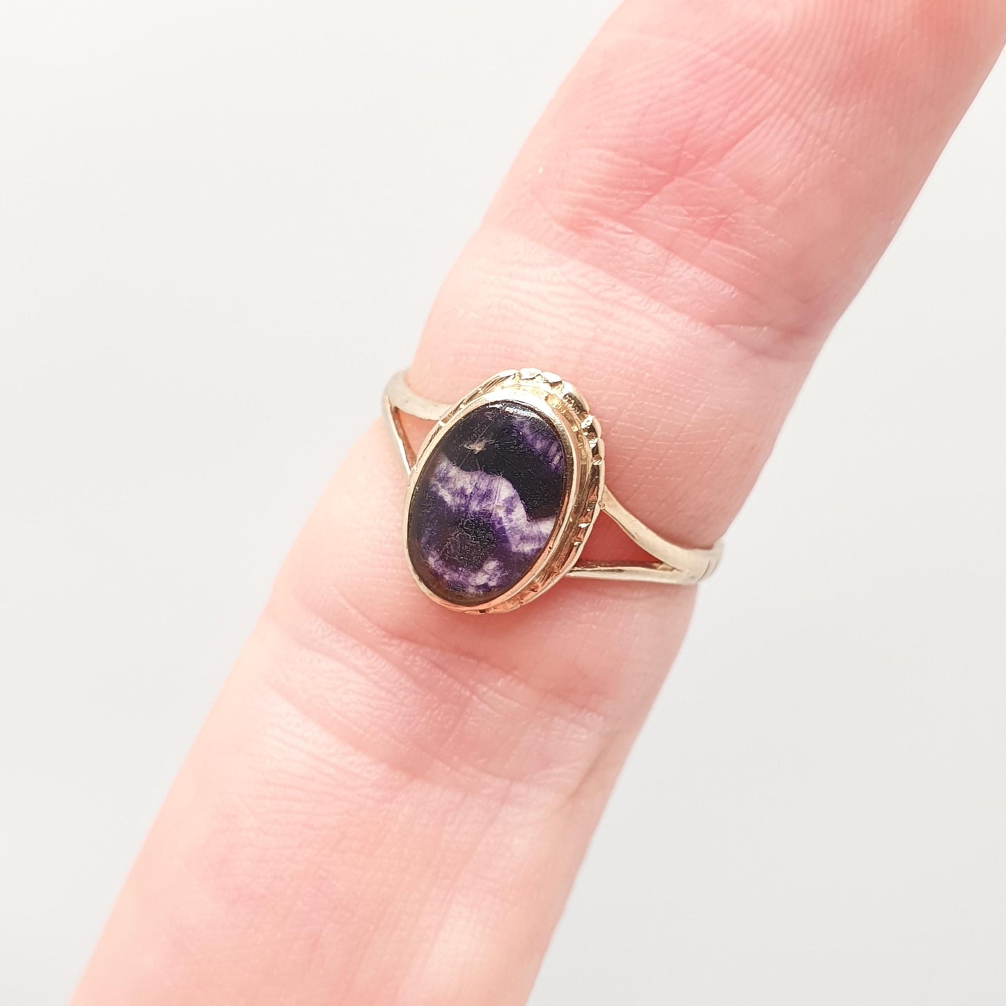 Vintage 9ct Gold Blue John Ring Solid 9k 9kt 375 Yellow Signet Cabochon Oval Fluorite Bleu Jaune Womens Rare Gemstone Jewelry Jewellery