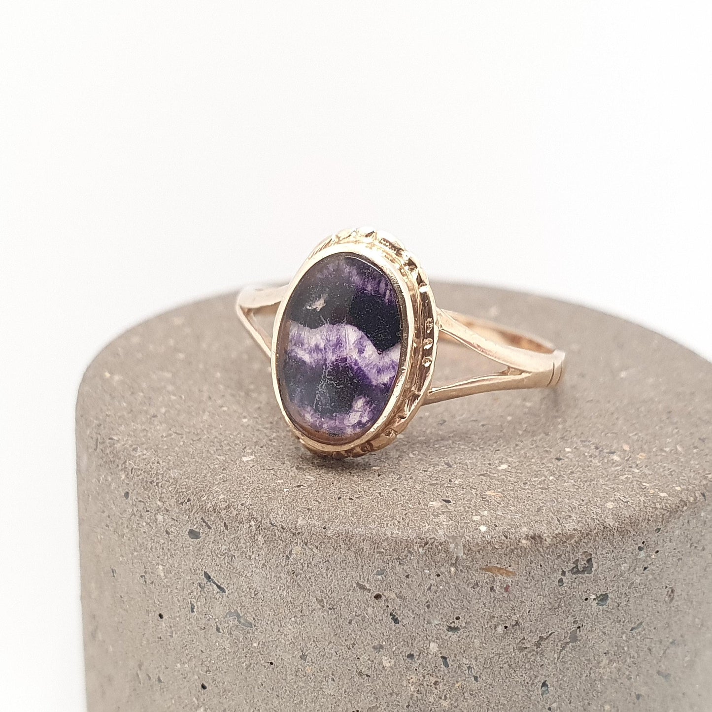 Vintage 9ct Gold Blue John Ring Solid 9k 9kt 375 Yellow Signet Cabochon Oval Fluorite Bleu Jaune Womens Rare Gemstone Jewelry Jewellery