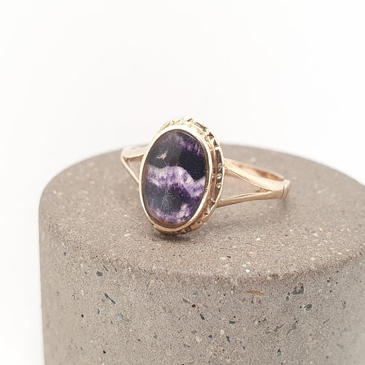 Vintage 9ct Gold Blue John Ring Solid 9k 9kt 375 Yellow Signet Cabochon Oval Fluorite Bleu Jaune Womens Rare Gemstone Jewelry Jewellery