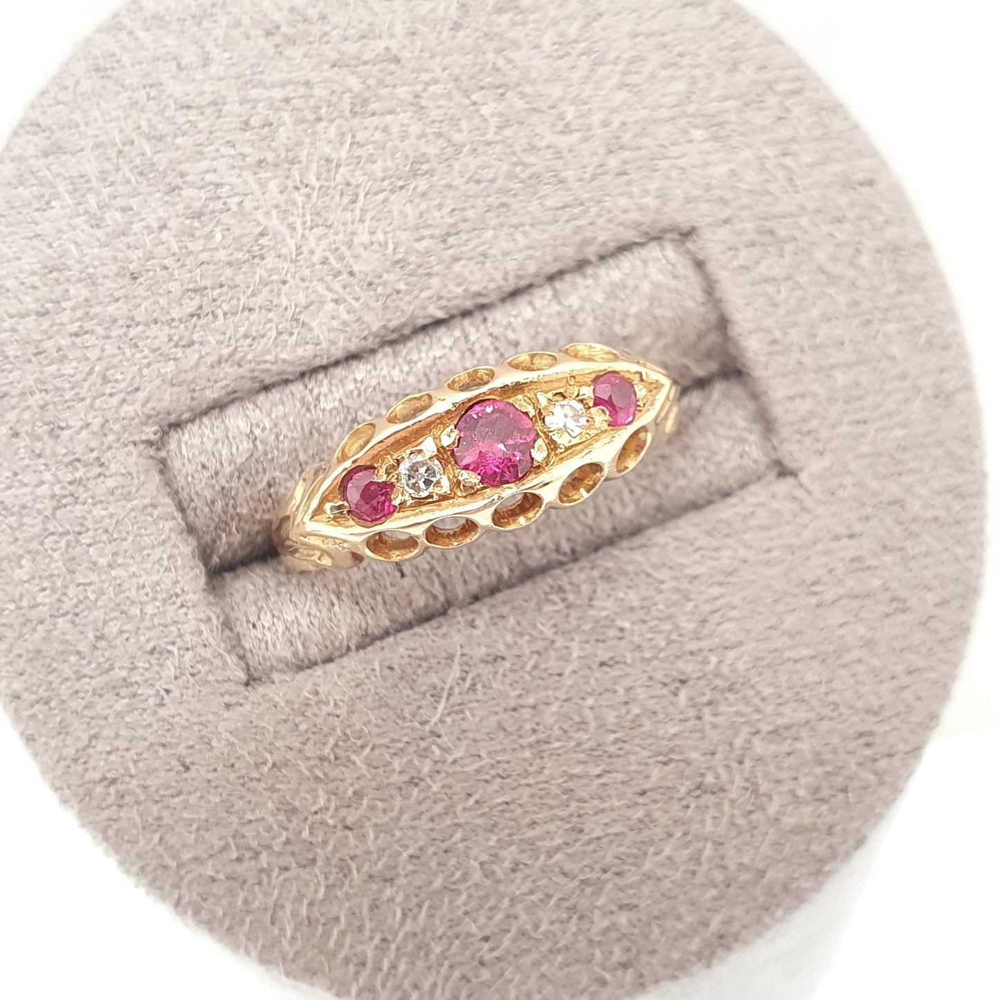 Antique 18ct Gold Ruby & Diamond Ring Edwardian 18k Solid 750 Boat 1905 Hallmark Old Cut Womens Vintage Jewelry