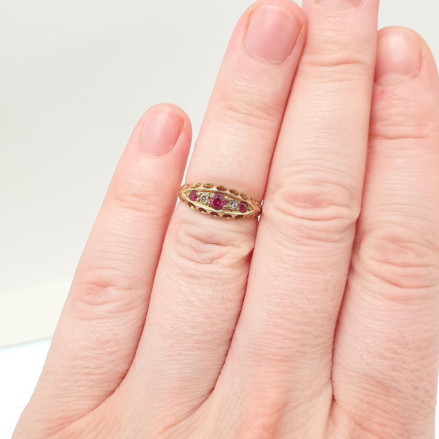 Antique 18ct Gold Ruby & Diamond Ring Edwardian 18k Solid 750 Boat 1905 Hallmark Old Cut Womens Vintage Jewelry